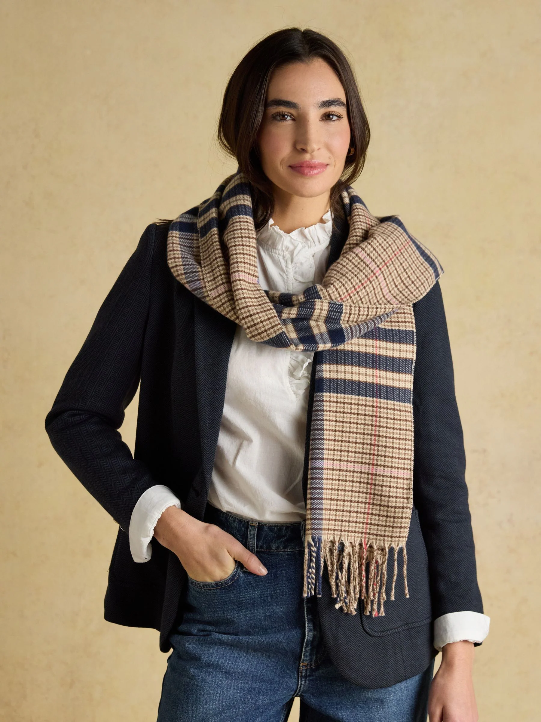 Joules Langtree Neutral & Navy Large Scarf