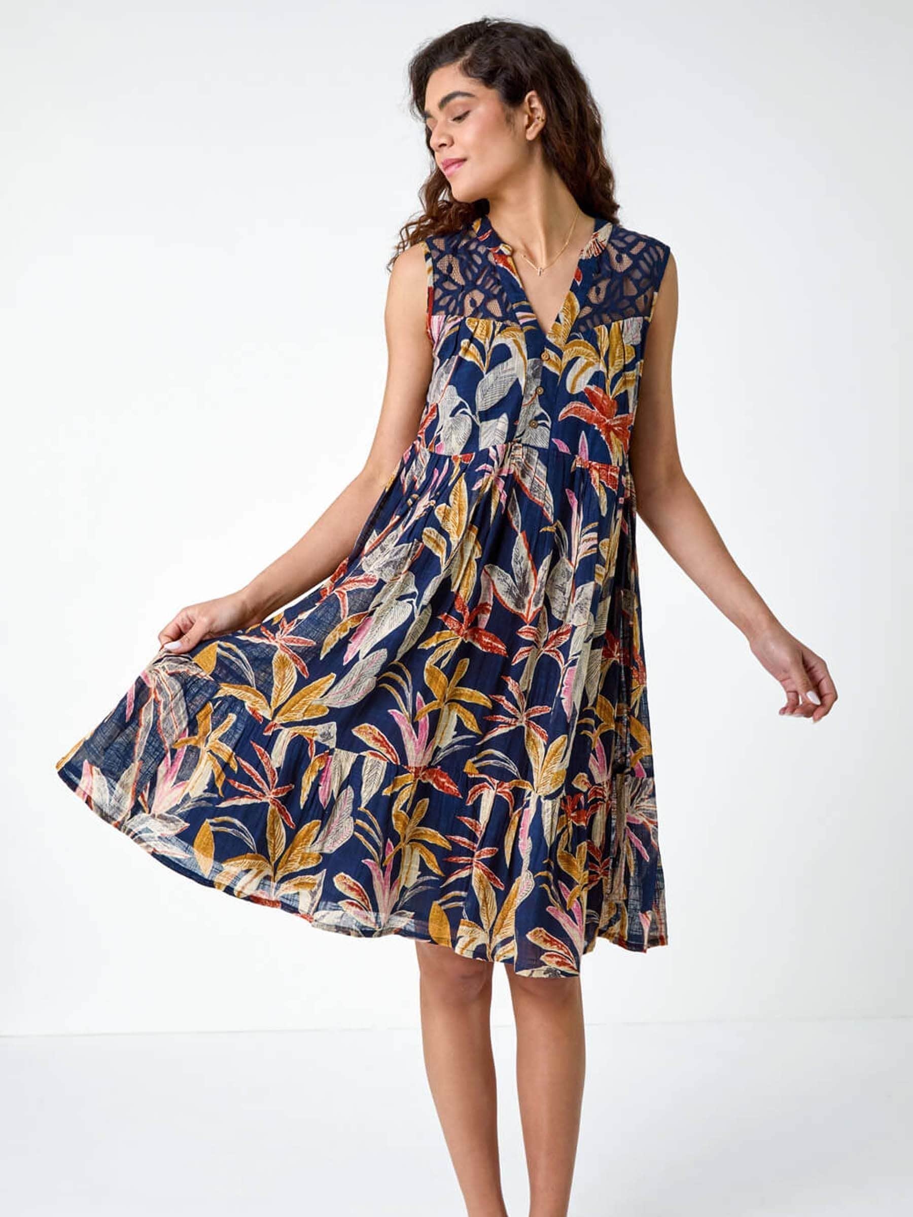 Roman Blue 100% Cotton Tropical Lace Detail Tiered Dress