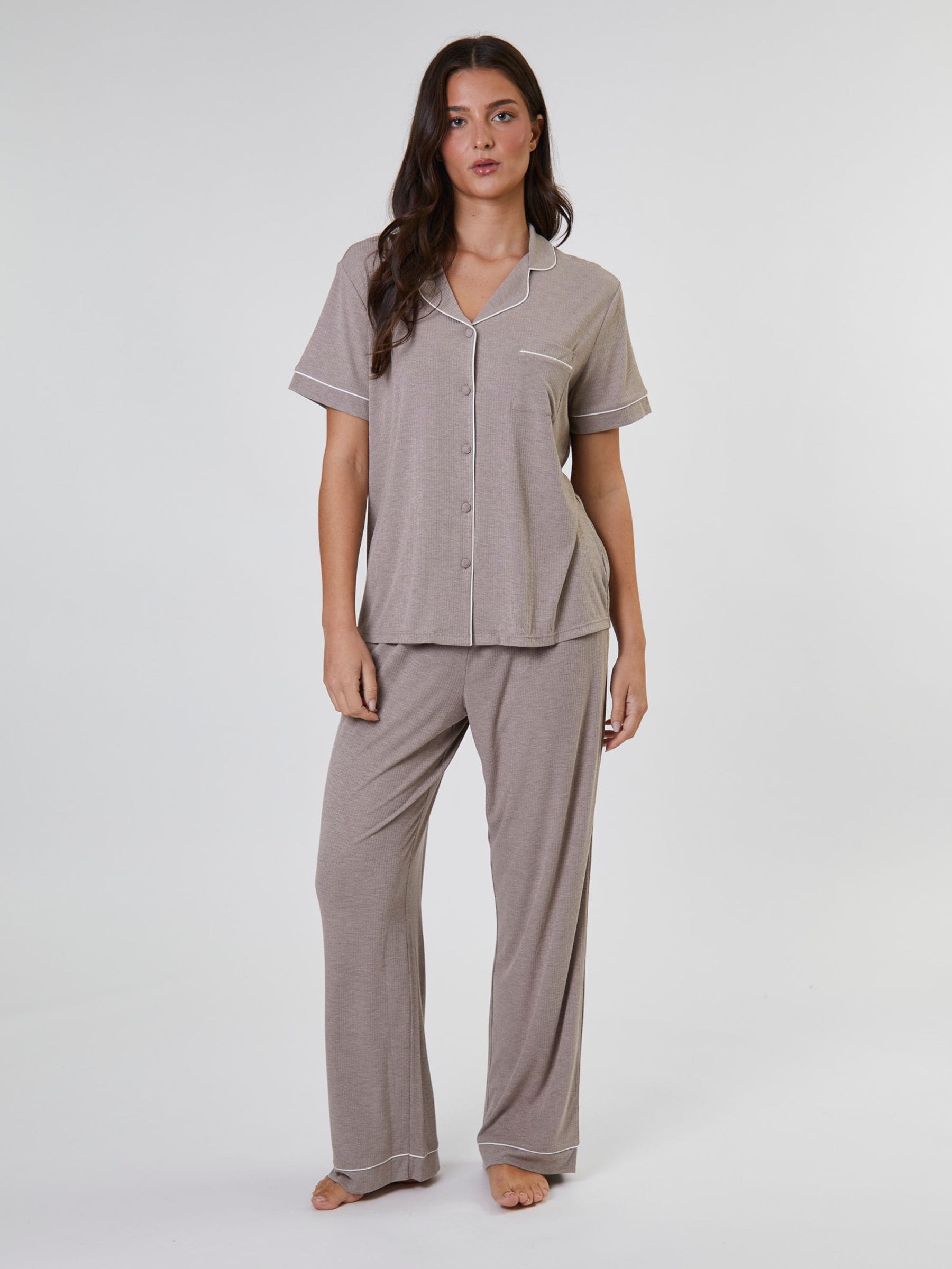 Loungeable Oatmeal/WhiteTrim Short Sleeve Soft Rib Button Through Pyjamas