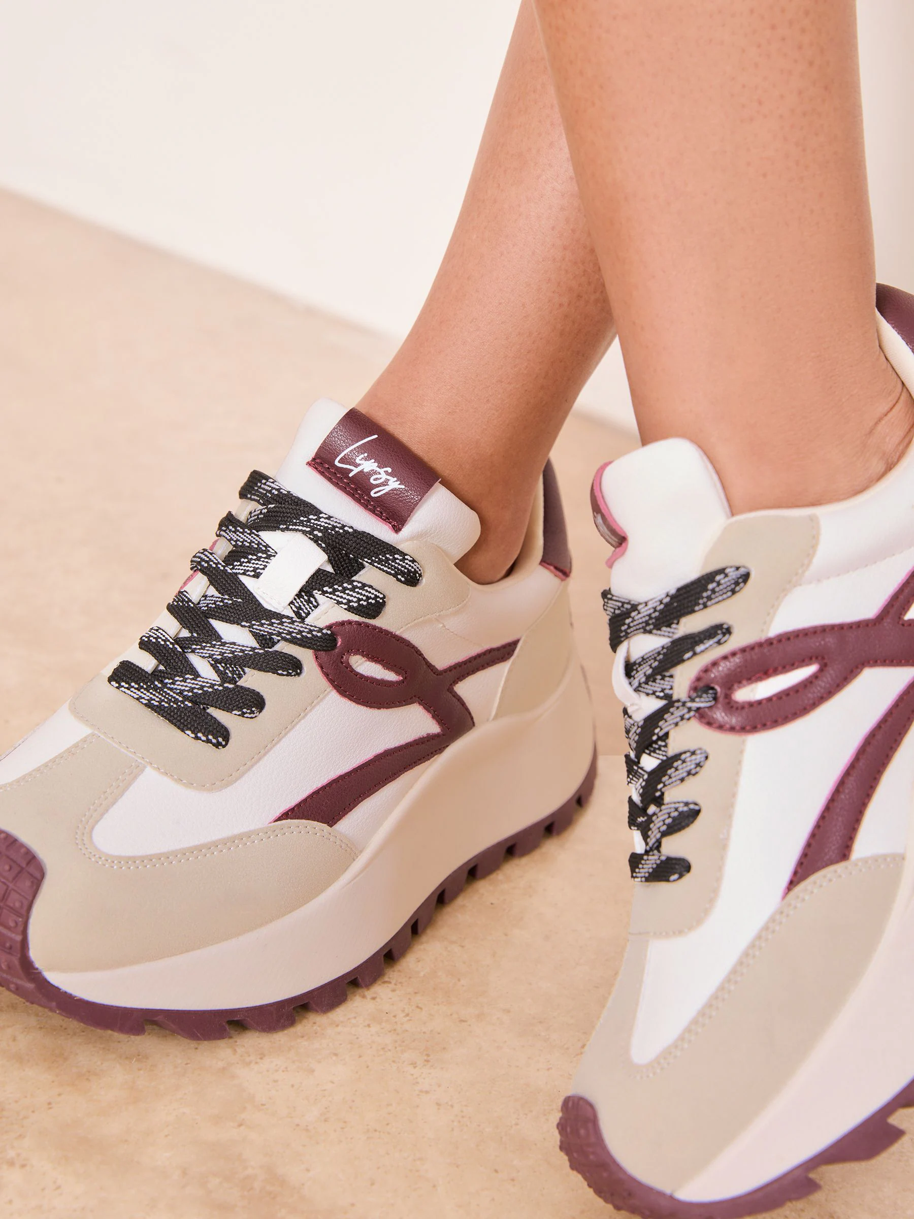 Lipsy Burgundy Red Chunky Lace Up Running Trainers