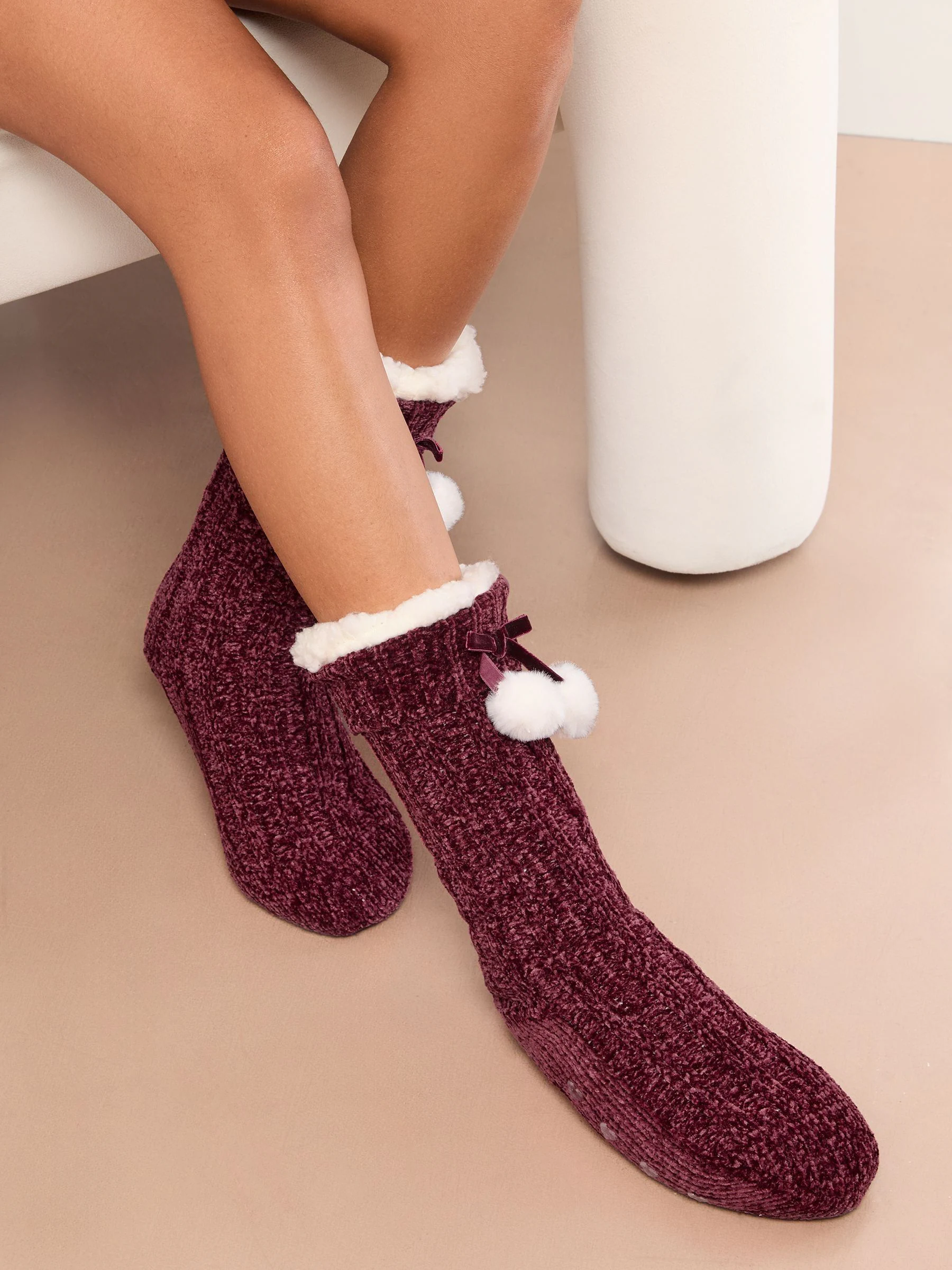 Lipsy Burgundy Red Cosy Chenille Slipper Socks