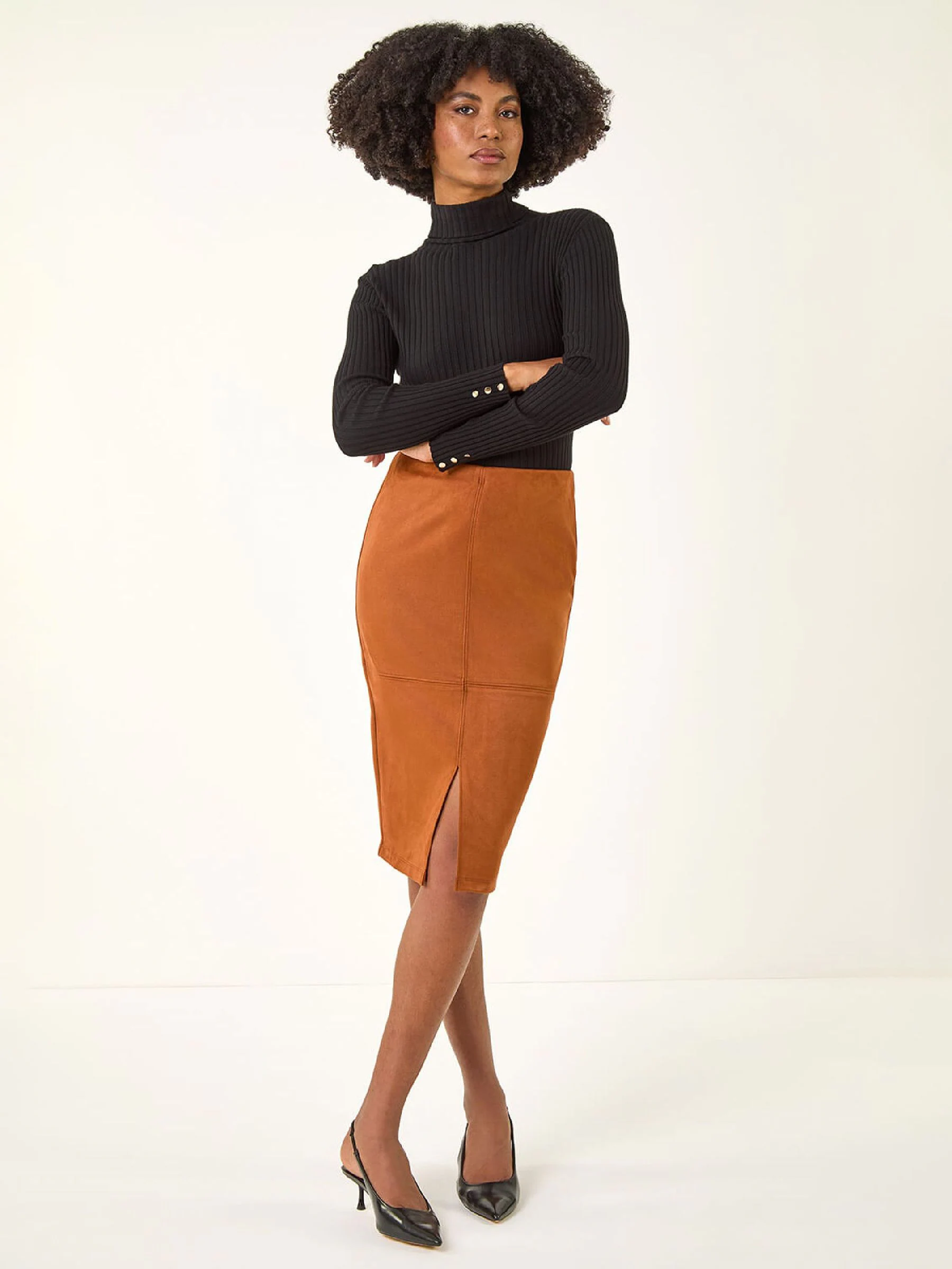Roman Brown Suedette Pencil Stretch Skirt