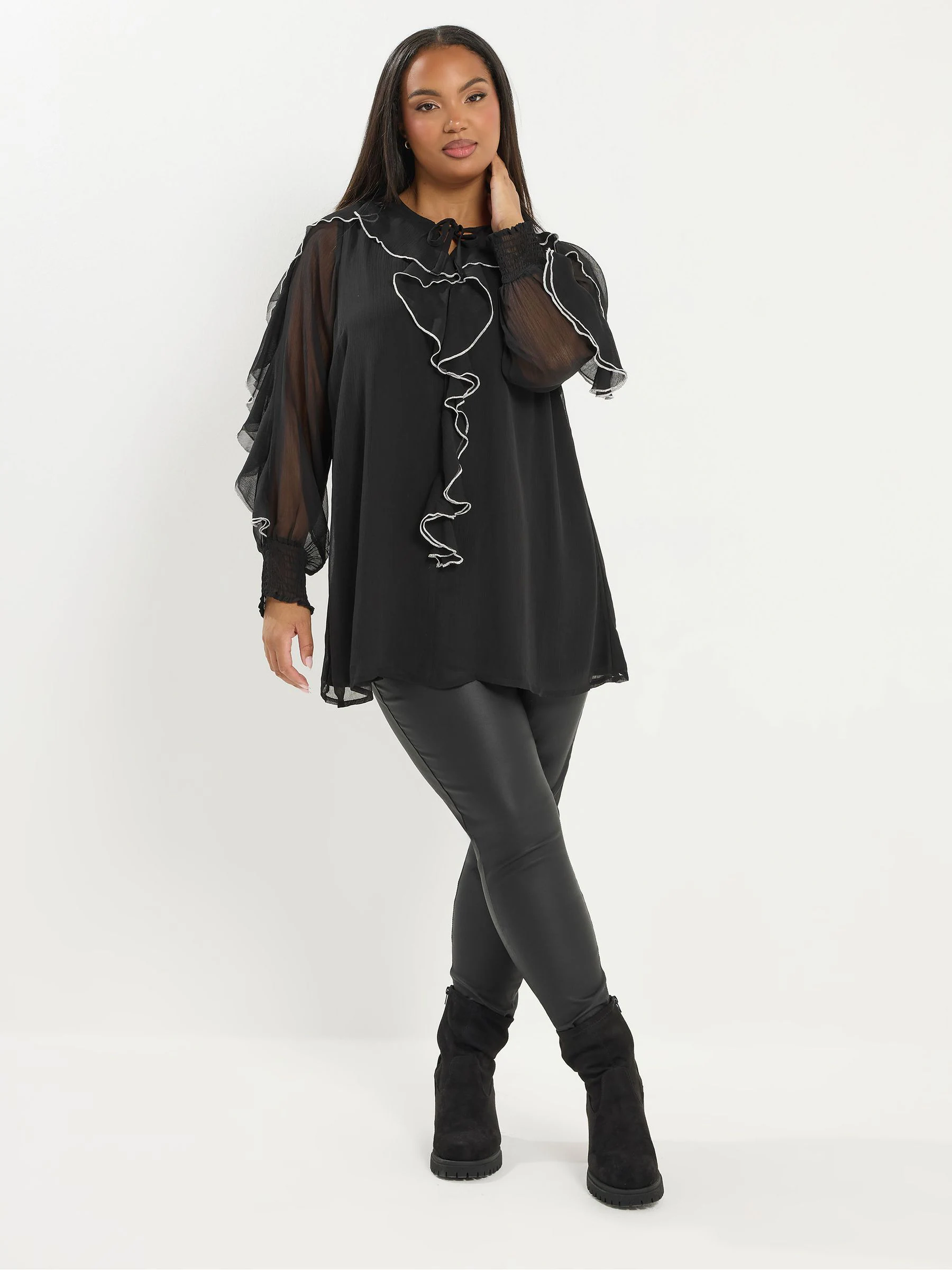 Yours Curve Black Contrast Ruffle Blouse