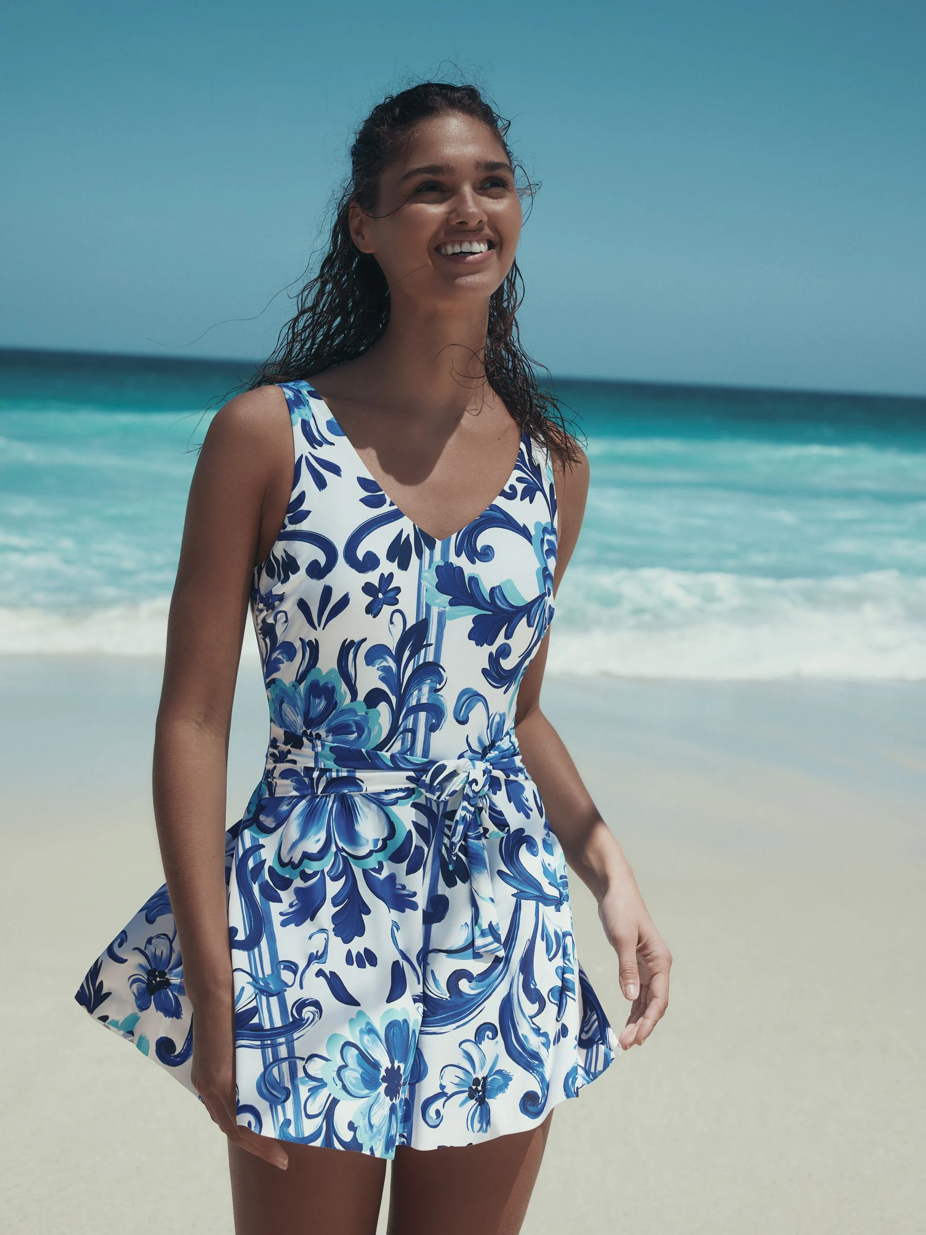 White/Blue Porcelain Shaping Tummy Control Skirted Swim Dress