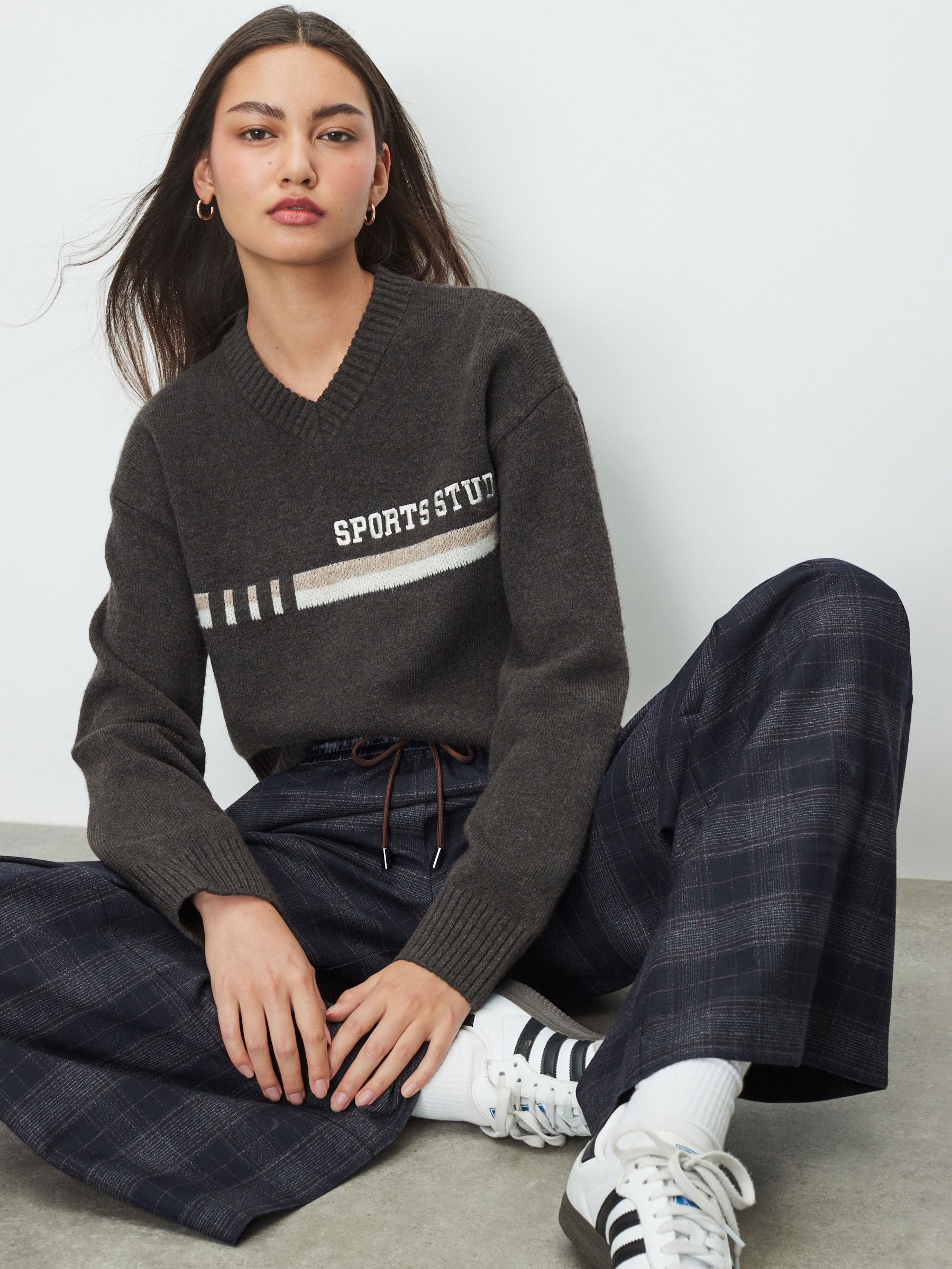 Navy Blue Check Satin Waistband Wide Leg Trousers