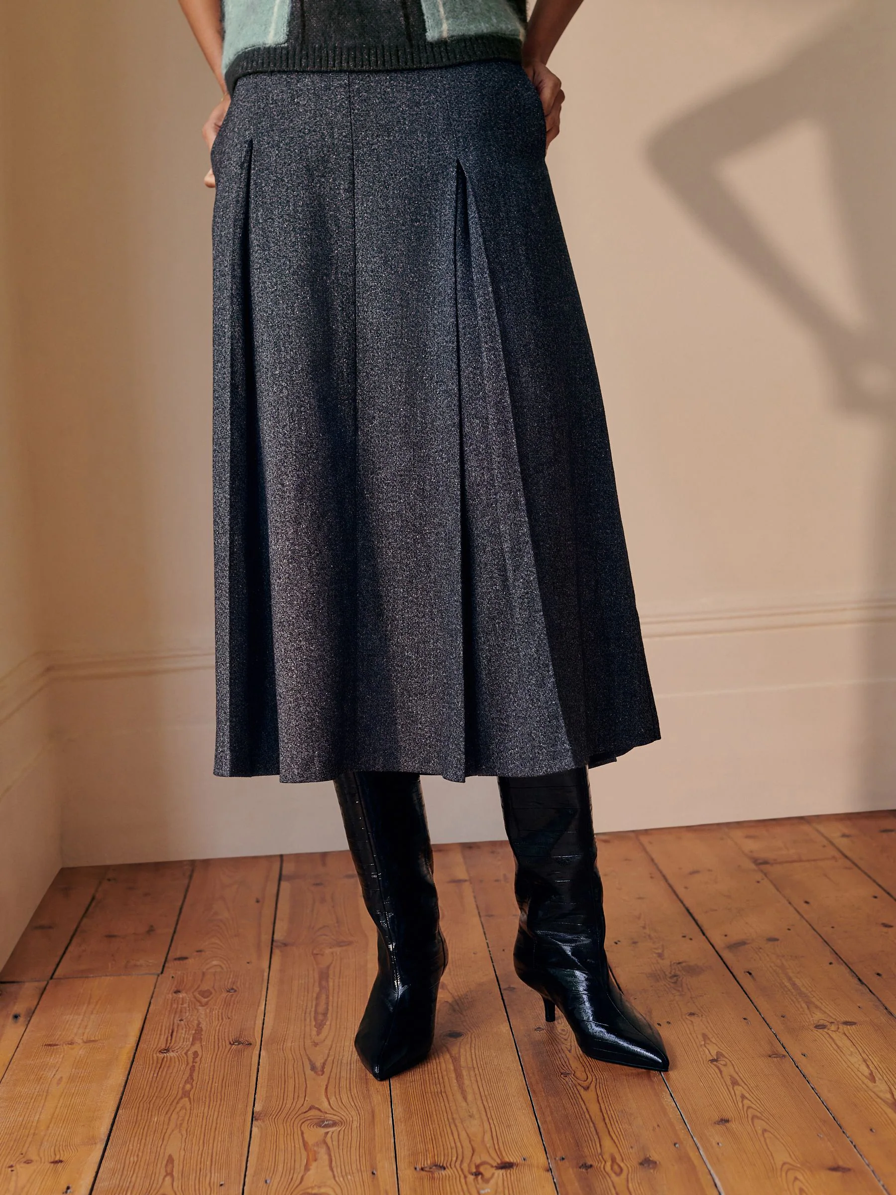 Grey Fleck Pleated Midi Skirt