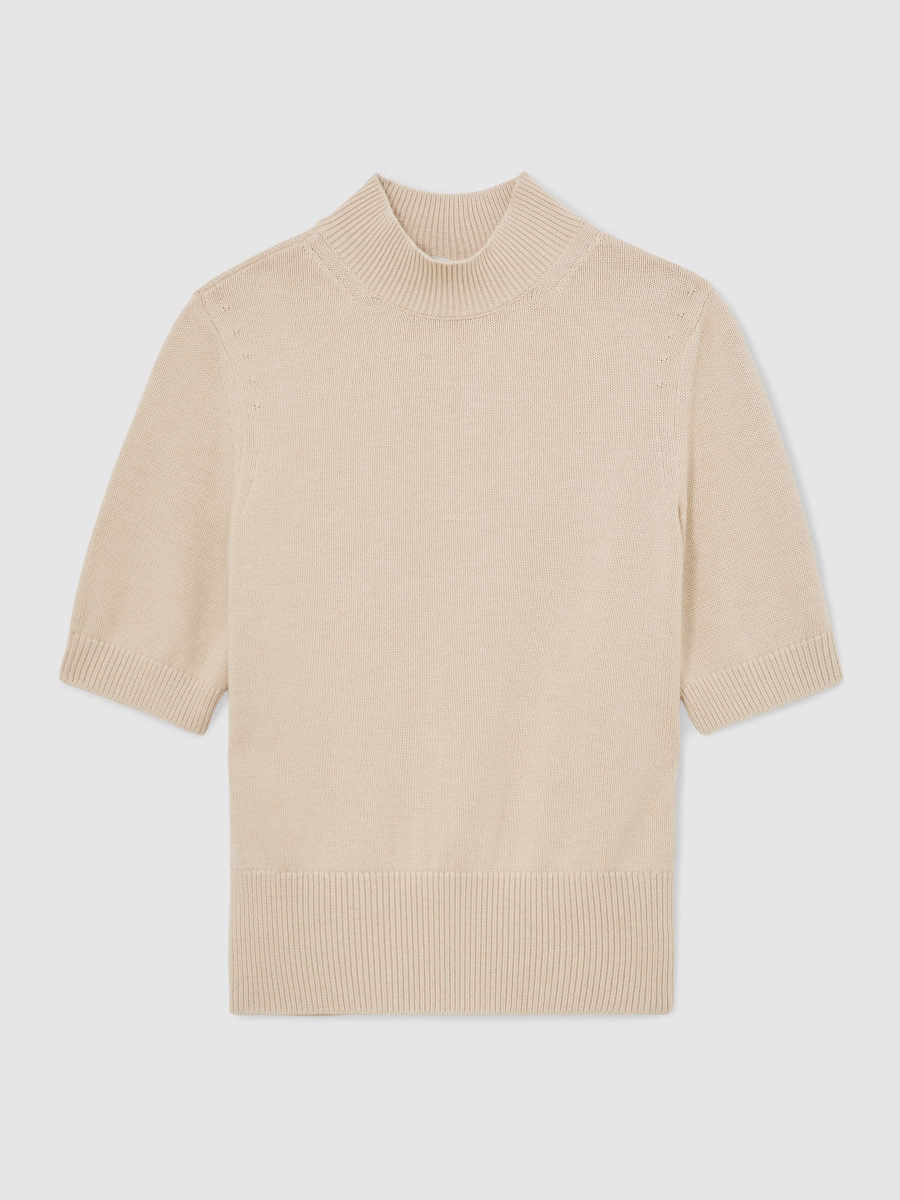Reiss Neutral Aria Cotton and Wool Funnel-Neck Knit Top