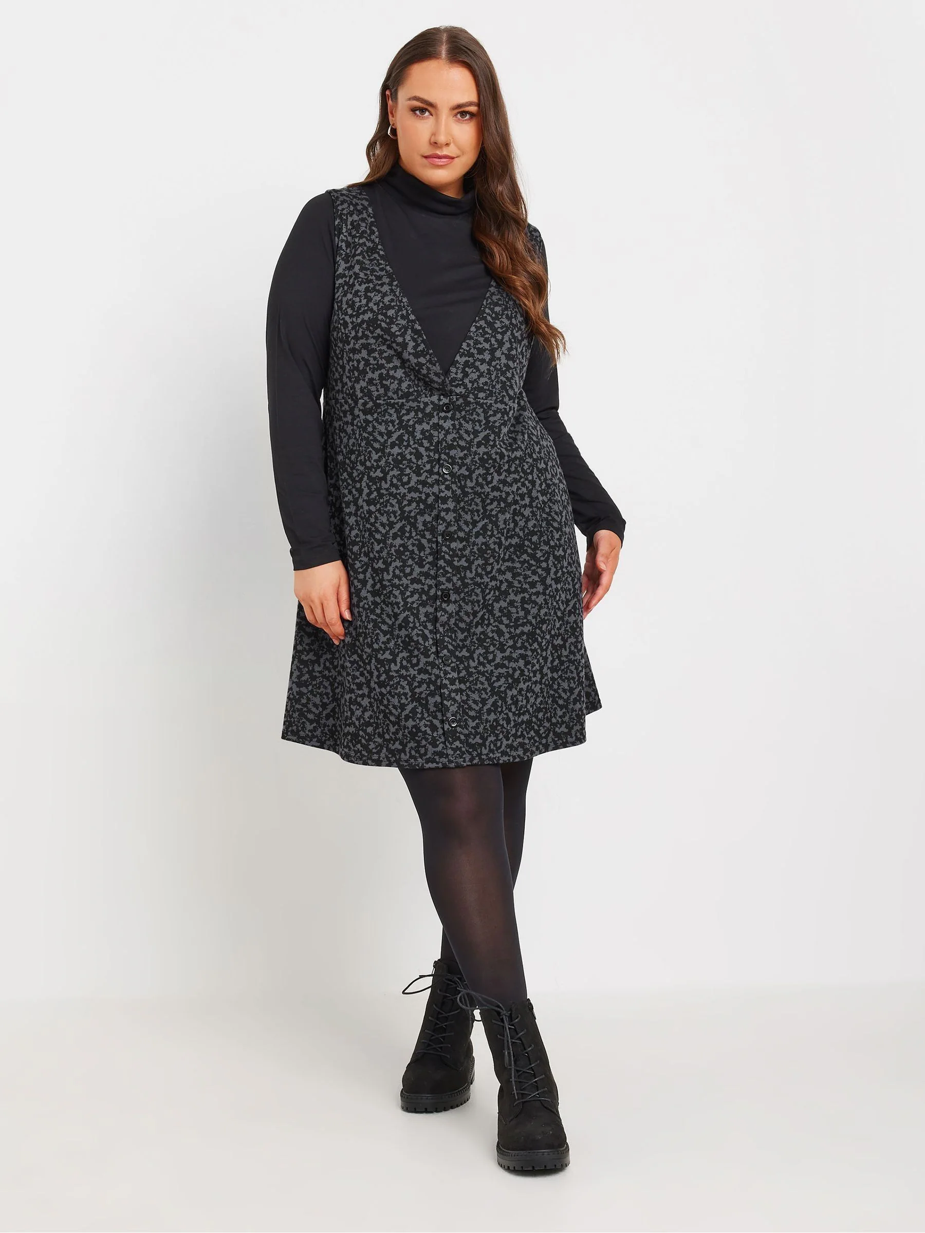 Yours Curve Grey Button Down Pinafore Dress