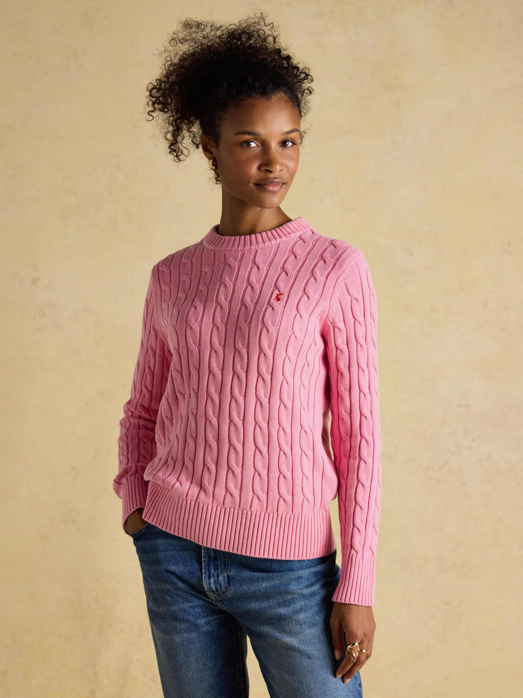 Joules Classic Cable Pink Cotton Crew Neck Jumper