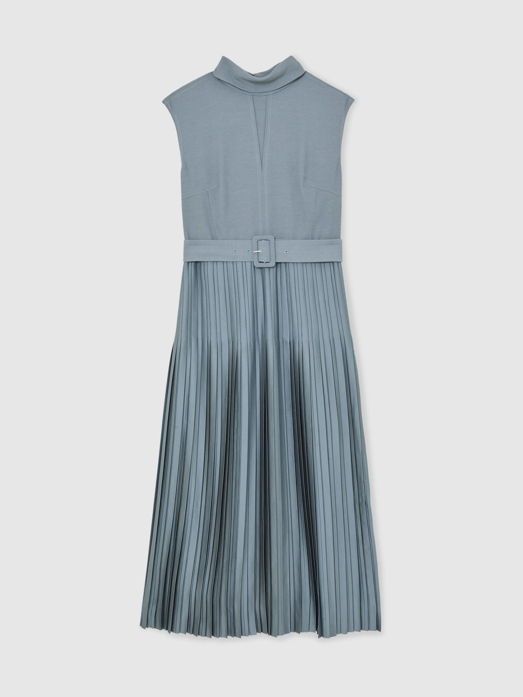Reiss Blue Ania Roll-Neck Belted Pleated Midi Dress