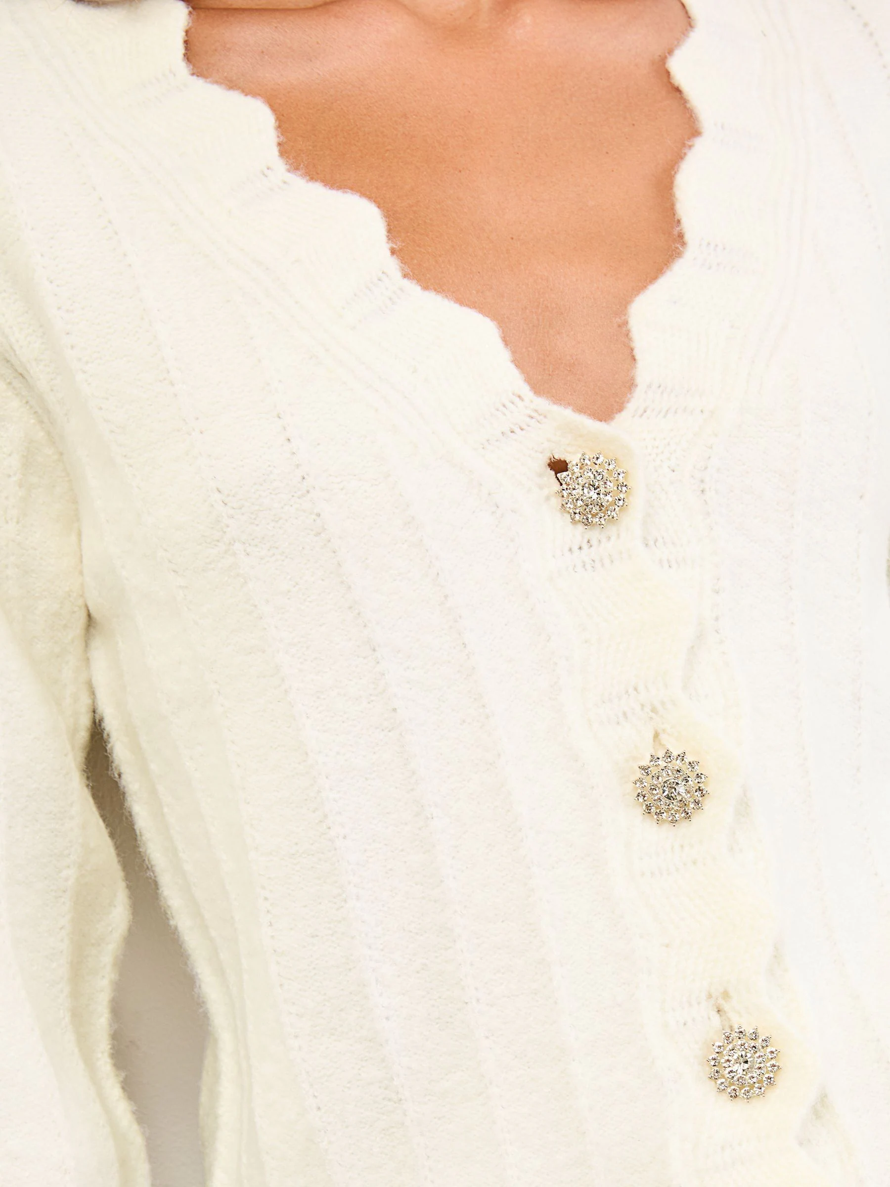 Lipsy Ivory White Knitted Scallop Trim V-Neck Embellished Button Cardigan