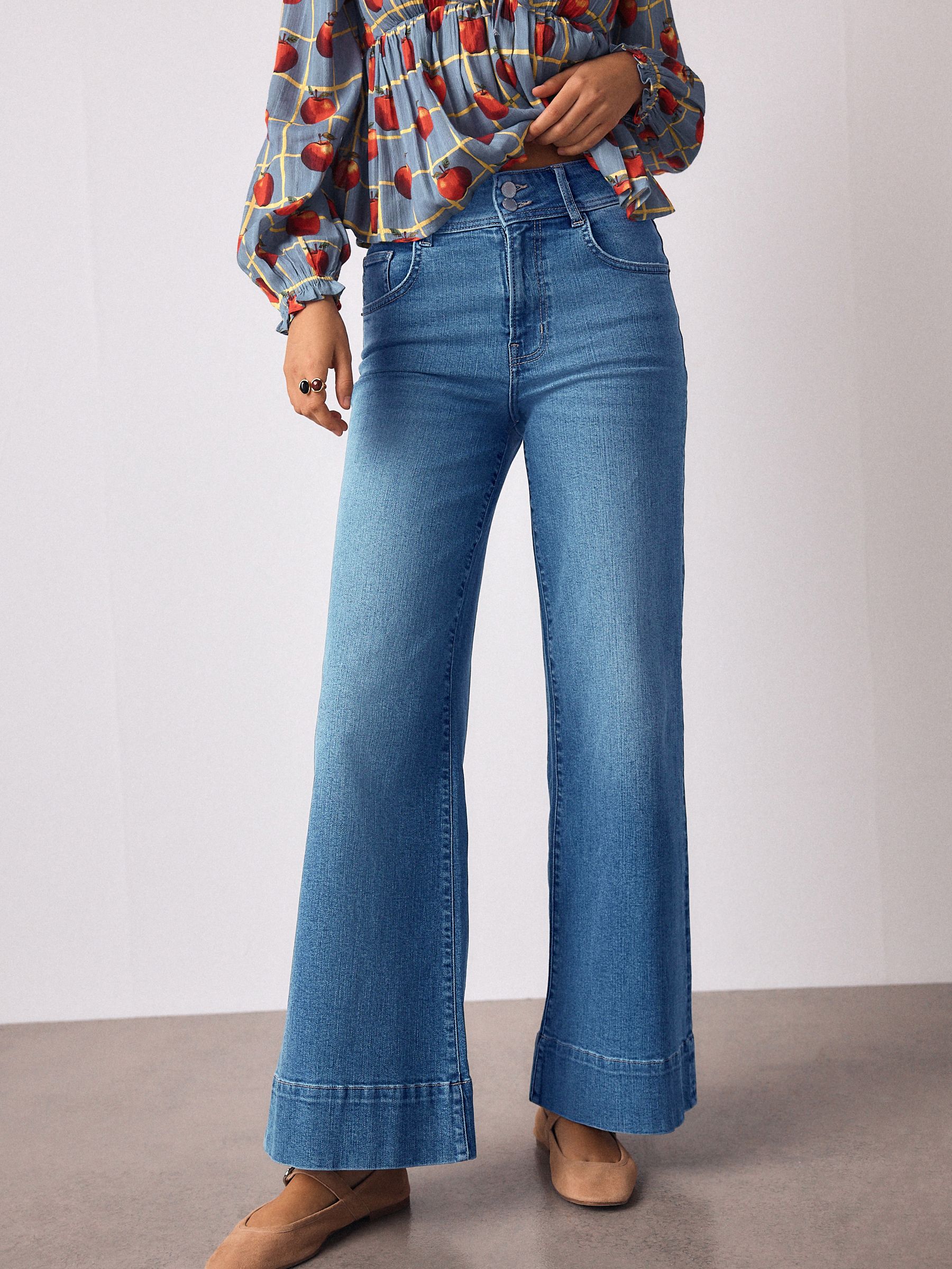Mid Blue Denim High Rise Stretch Wide Leg Jeans