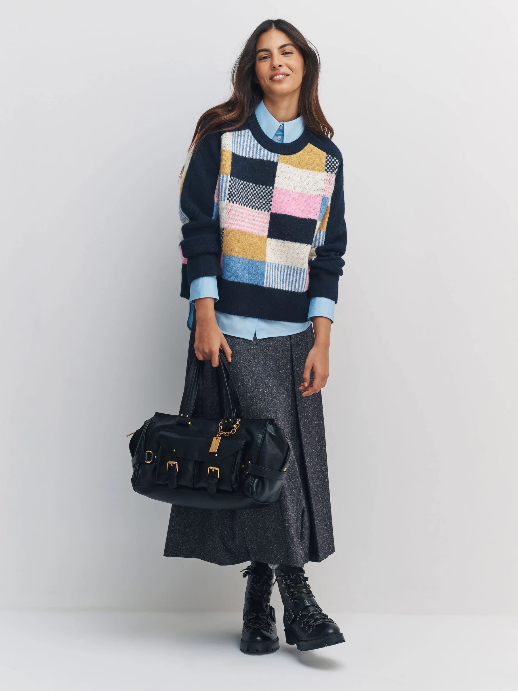 Navy Blue Multi Patched Crew Neck Knitted Jumper with Wool