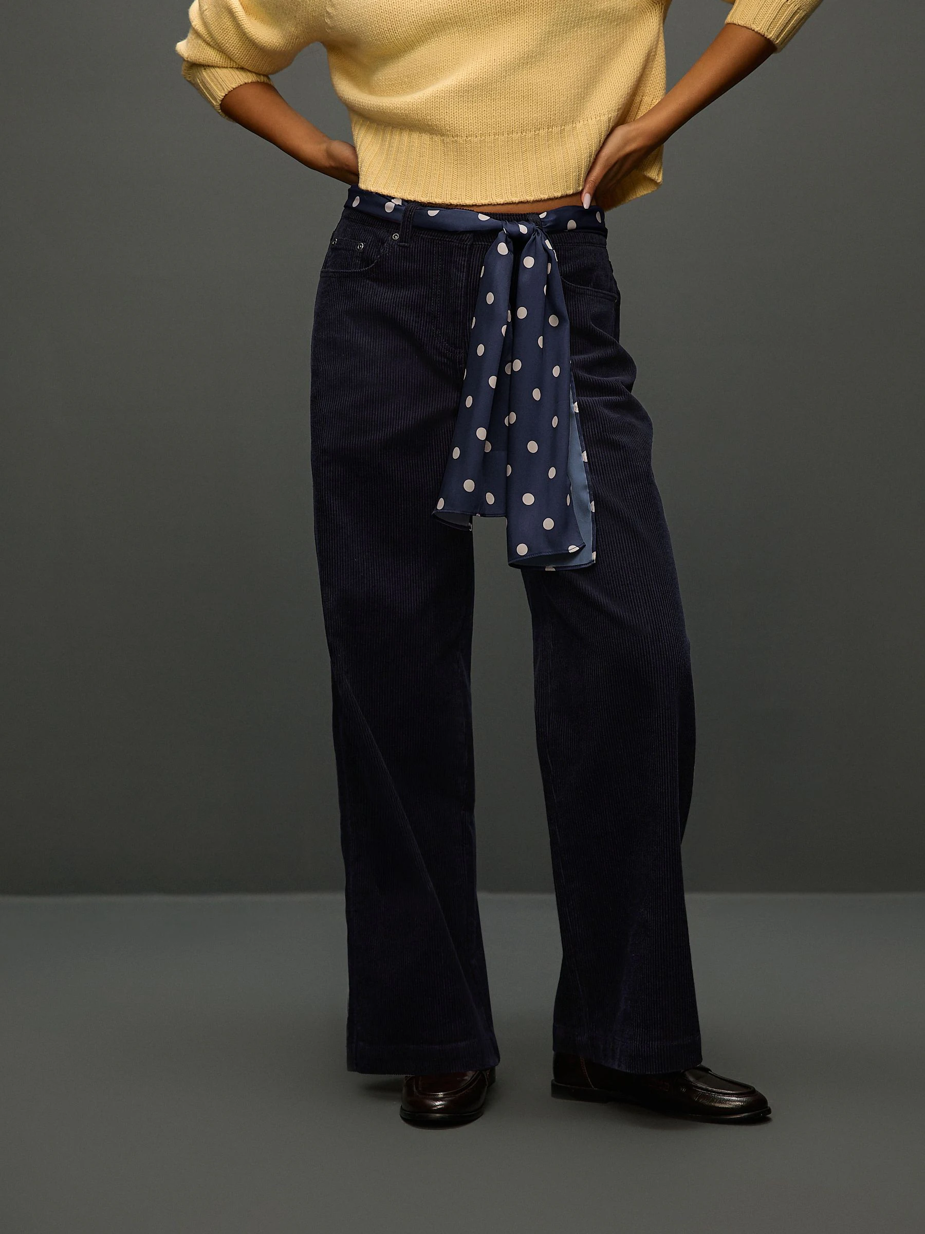 Navy Blue Cord Wide Leg Trousers With Scarf