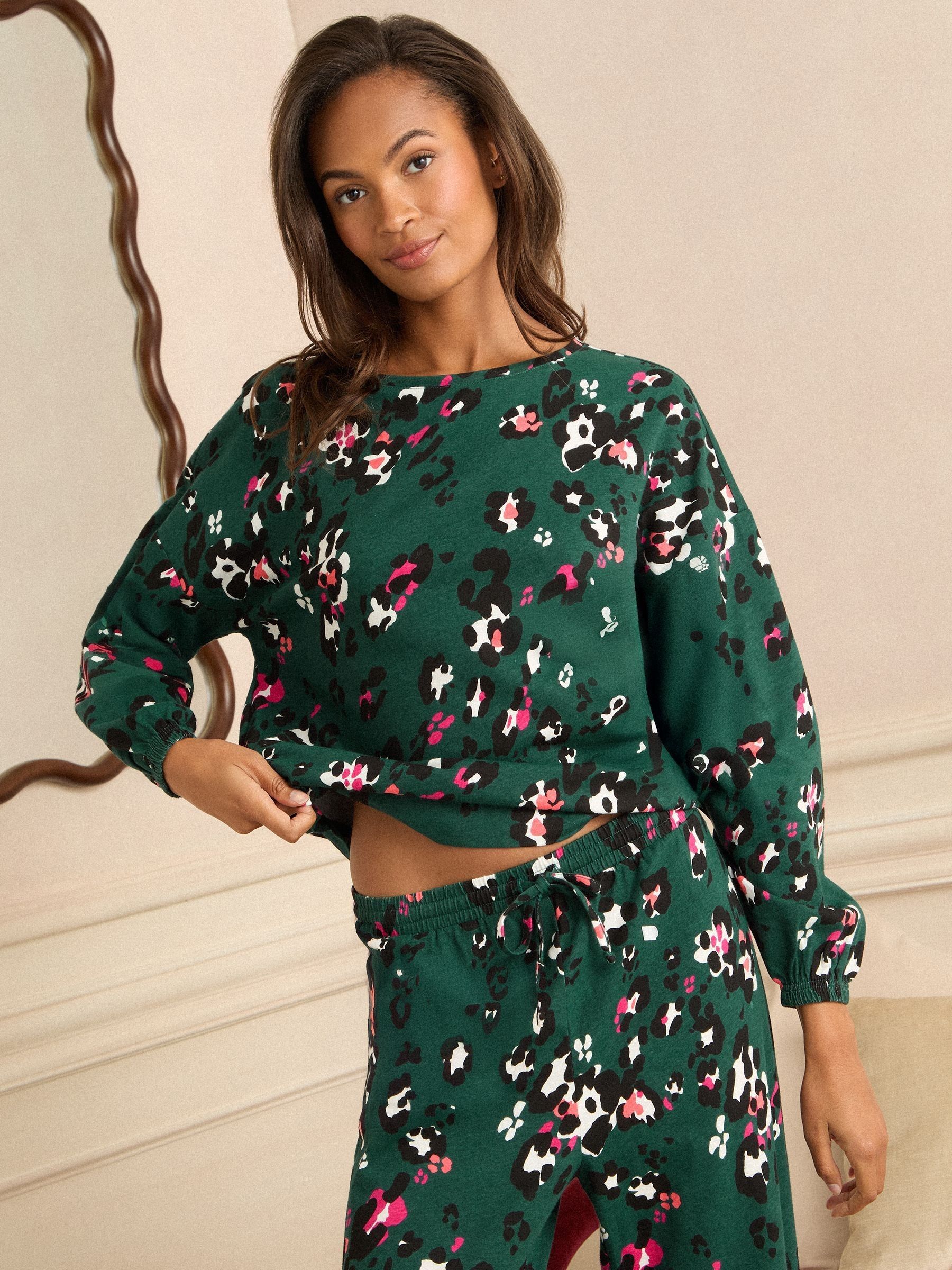 Love & Roses Forest Green Leopard Print Jersey Long Sleeve Pyjamas Set