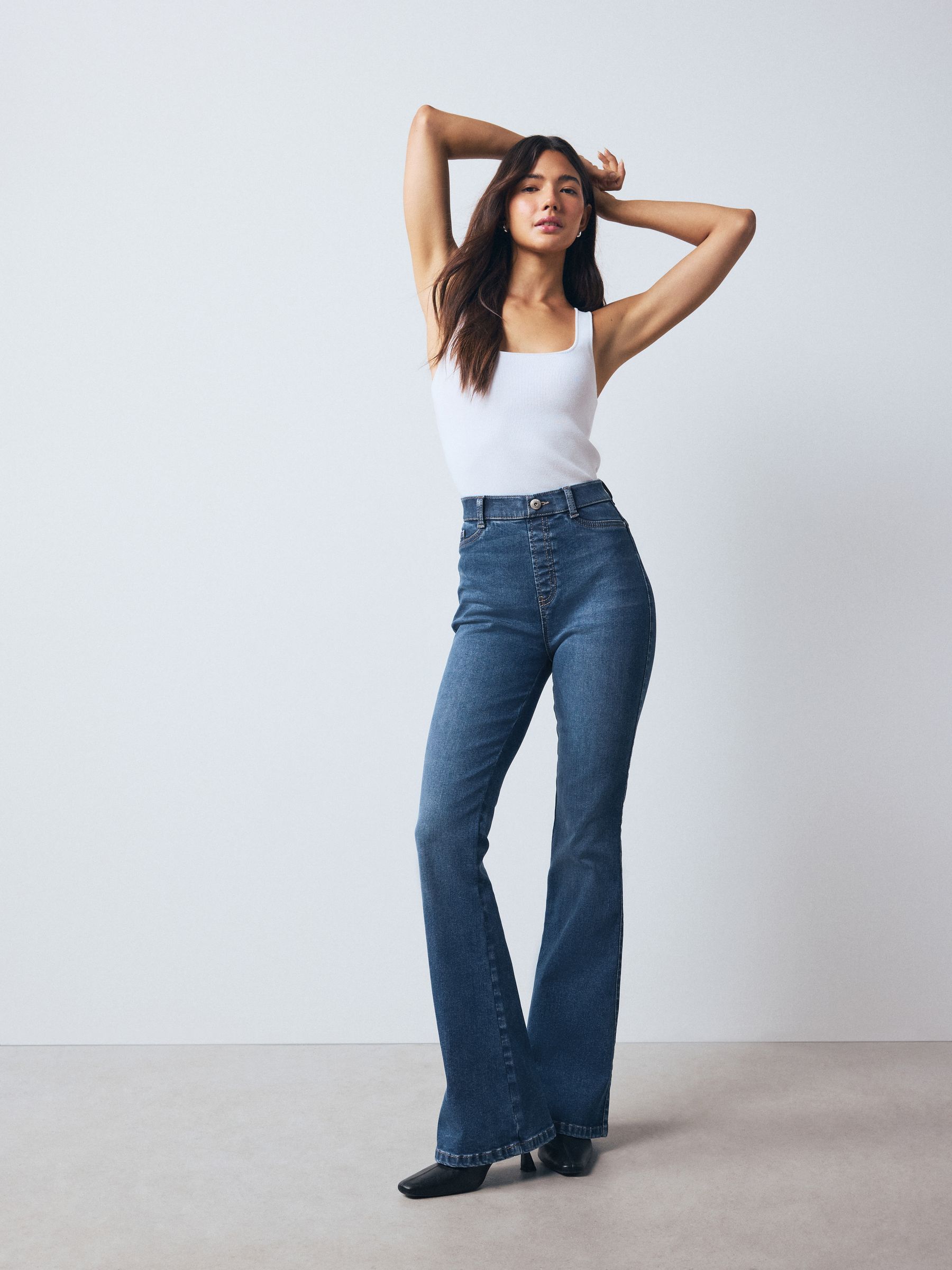 Mid Blue High Rise Flexi Fit Pull On Flared Jeans