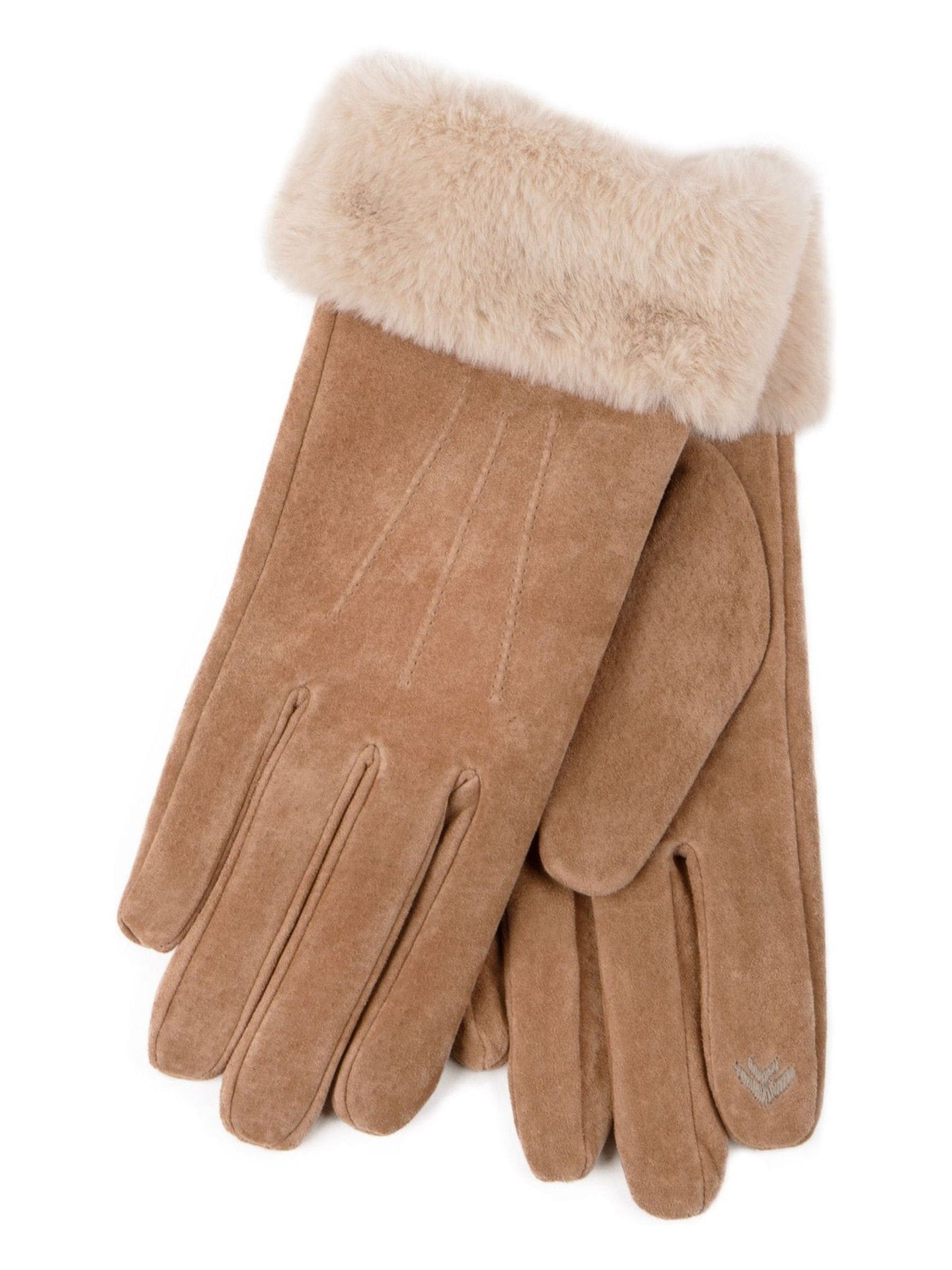 Totes Nude Isotoner Winter Three Point Suede Ladies Gloves with Faux Fur Cuff