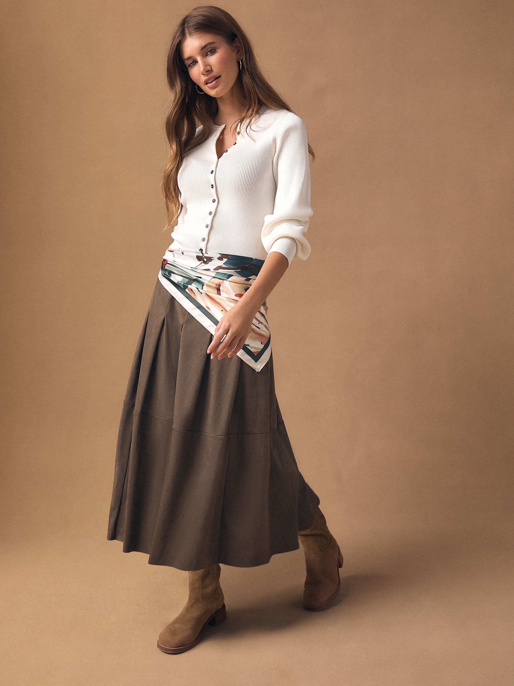 Chocolate Brown Faux Suede Midi Kilt Skirt