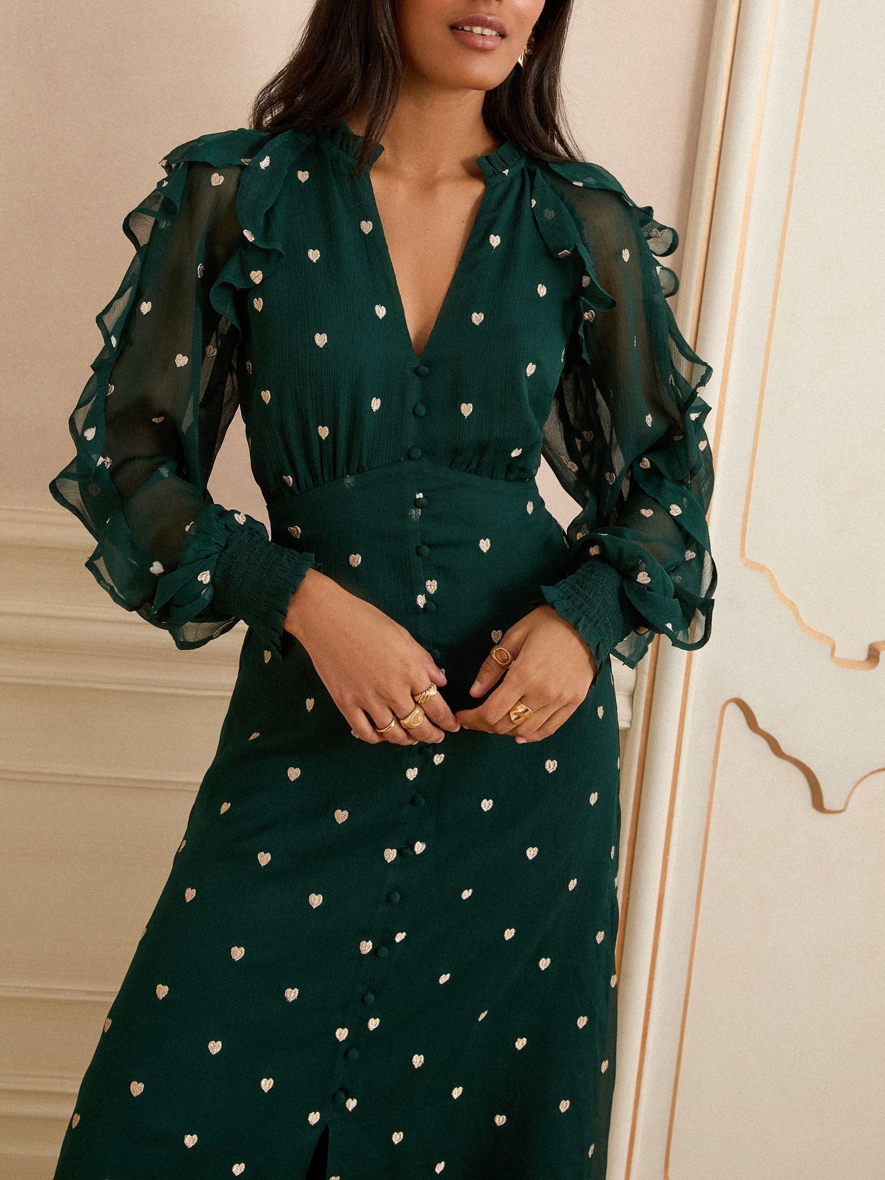 Love & Roses Green Heart Embroidered Ruffle Midi Dress