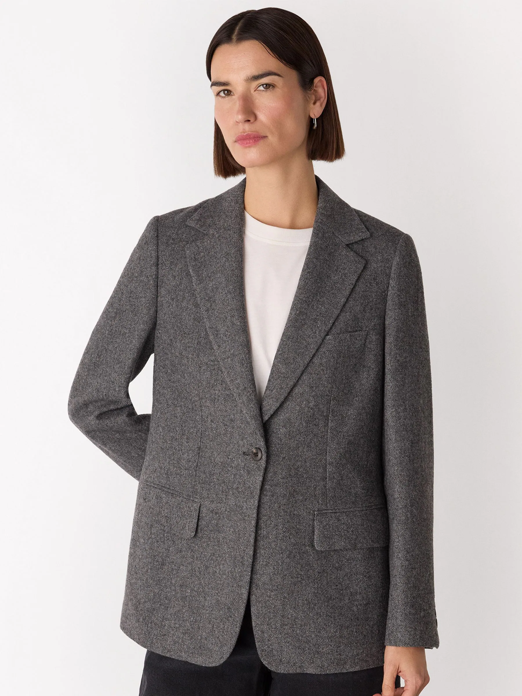 Whistles Grey Herringbone Wool Blend Blazer