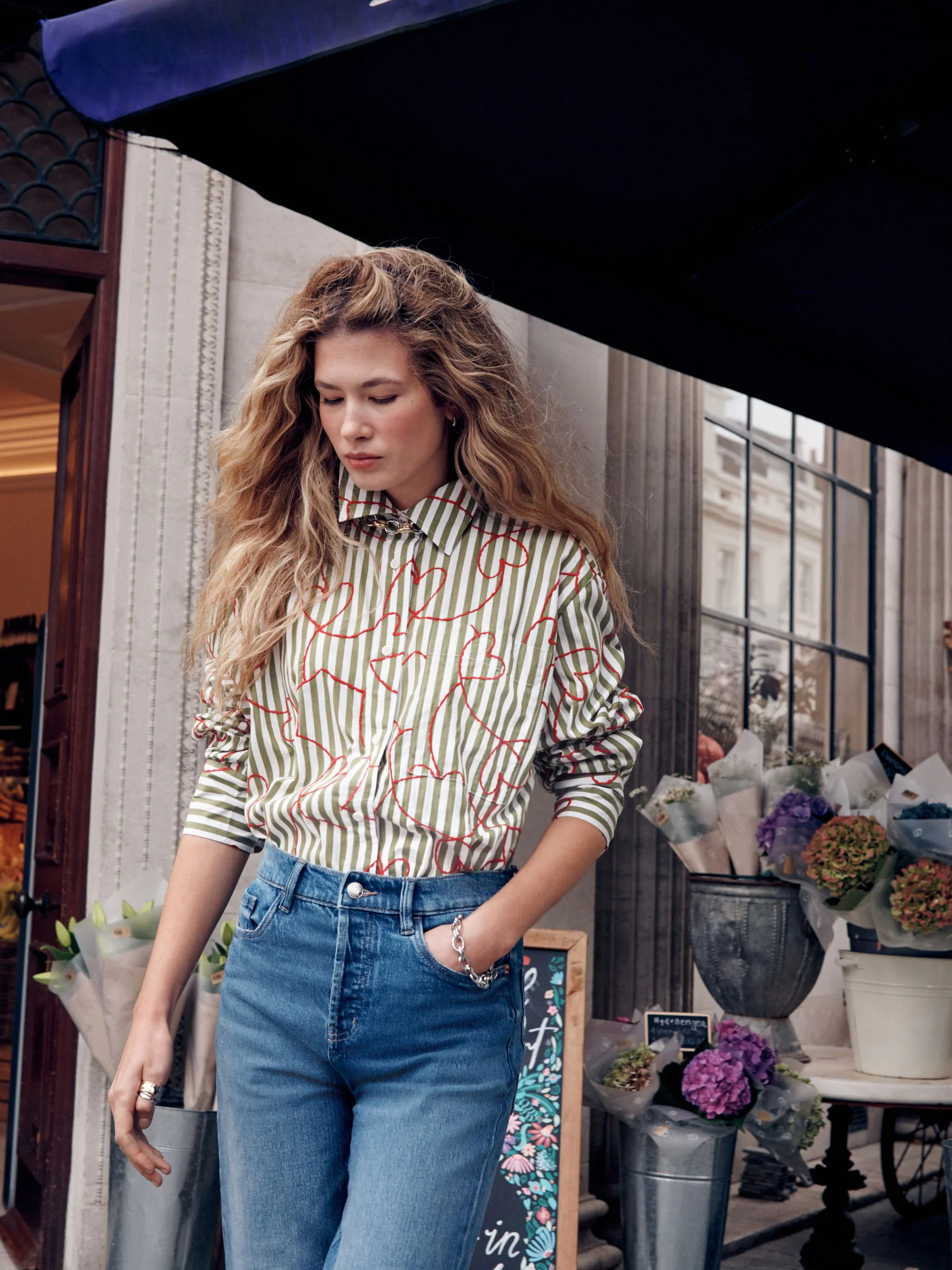Red Heart Embroidered Green Stripe Oversized Boyfriend Shirt