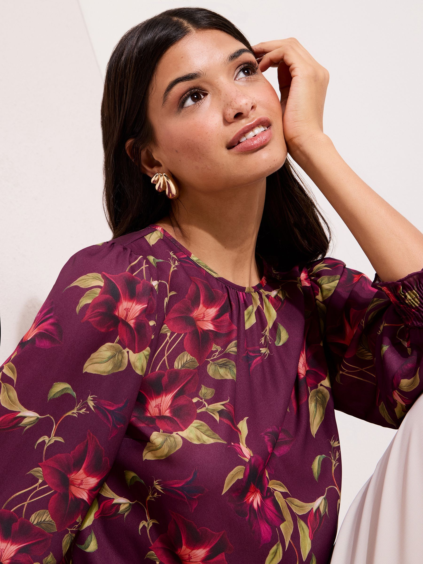 Friends Like These Burgundy Floral 3/4 Sleeve Shirred Cuff Blouse