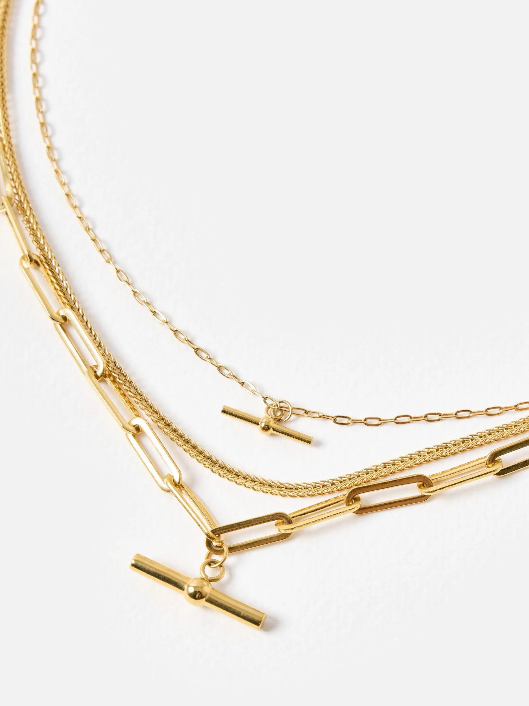 Oliver Bonas Gold Tone Stainless Steel Waterproof T-Bar Pendant Chain Layered Necklace