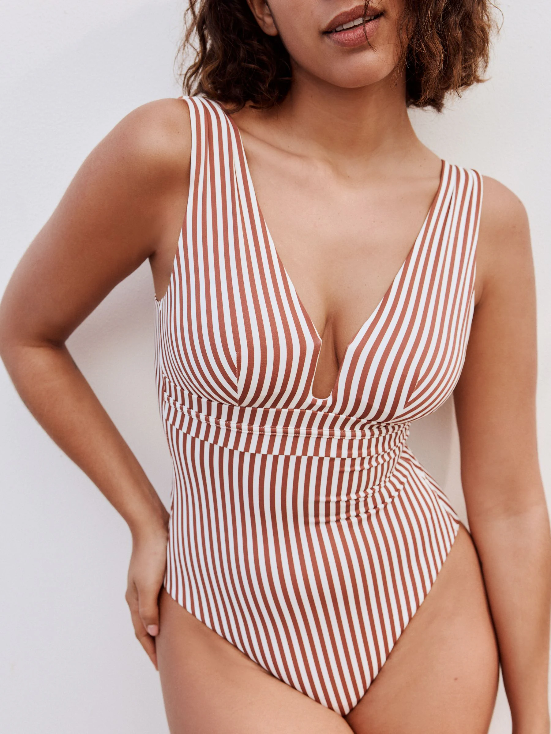 Rose/White Stripe Plunge Shaping Tummy Control Swimsuit