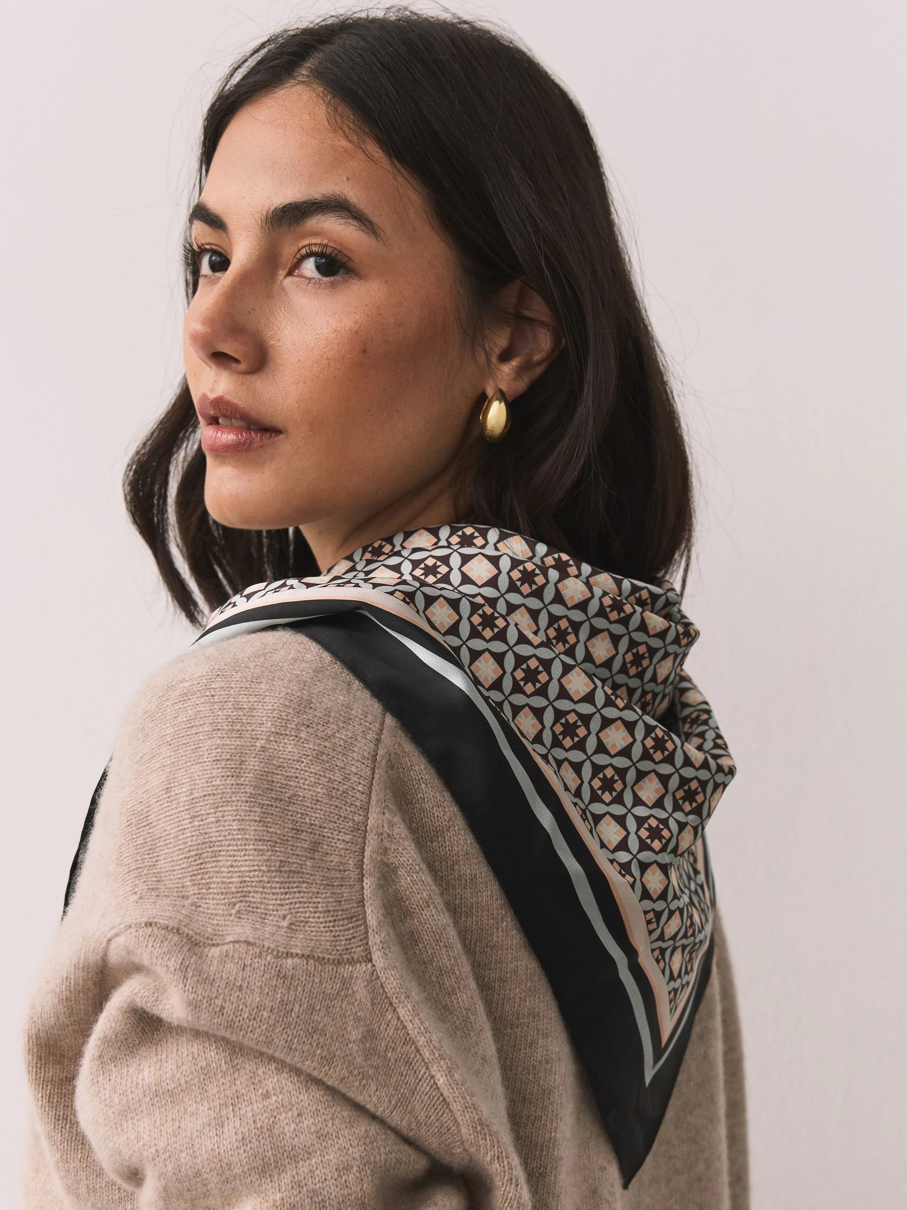 Brown Geometric Print Satin Square Scarf