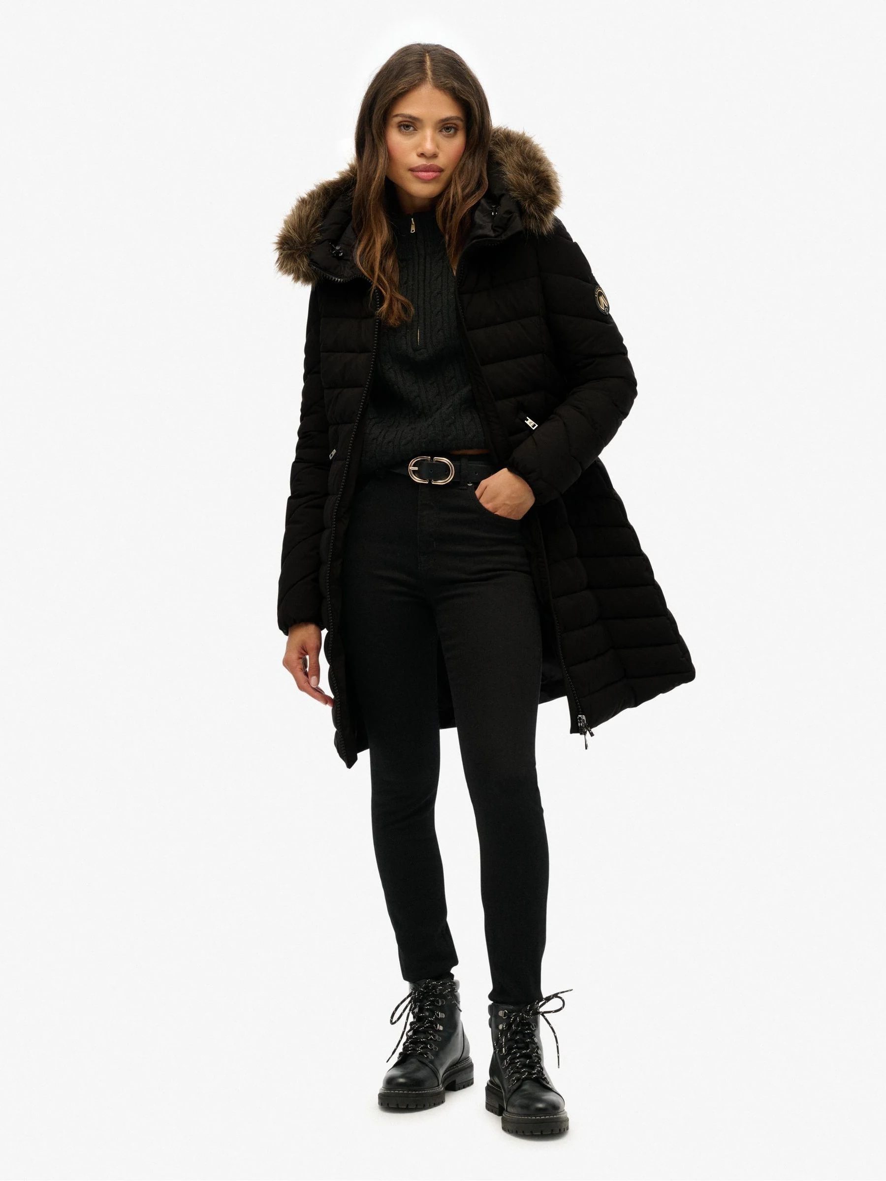 Superdry Black Fuji Faux Hood Mid Length Coat