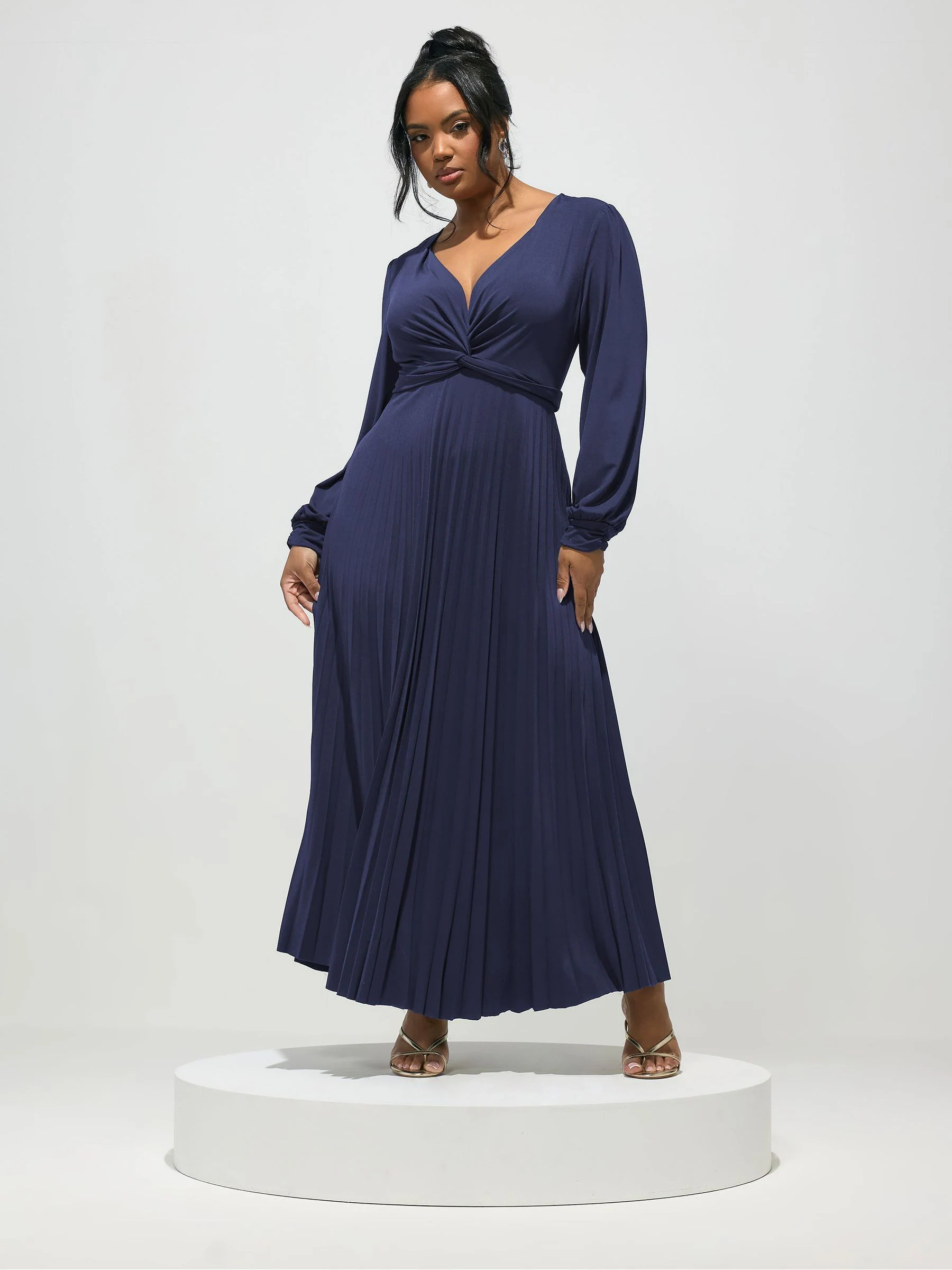 Yours Curve Blue London Pleated Knot Long Sleeve Maxi Dress