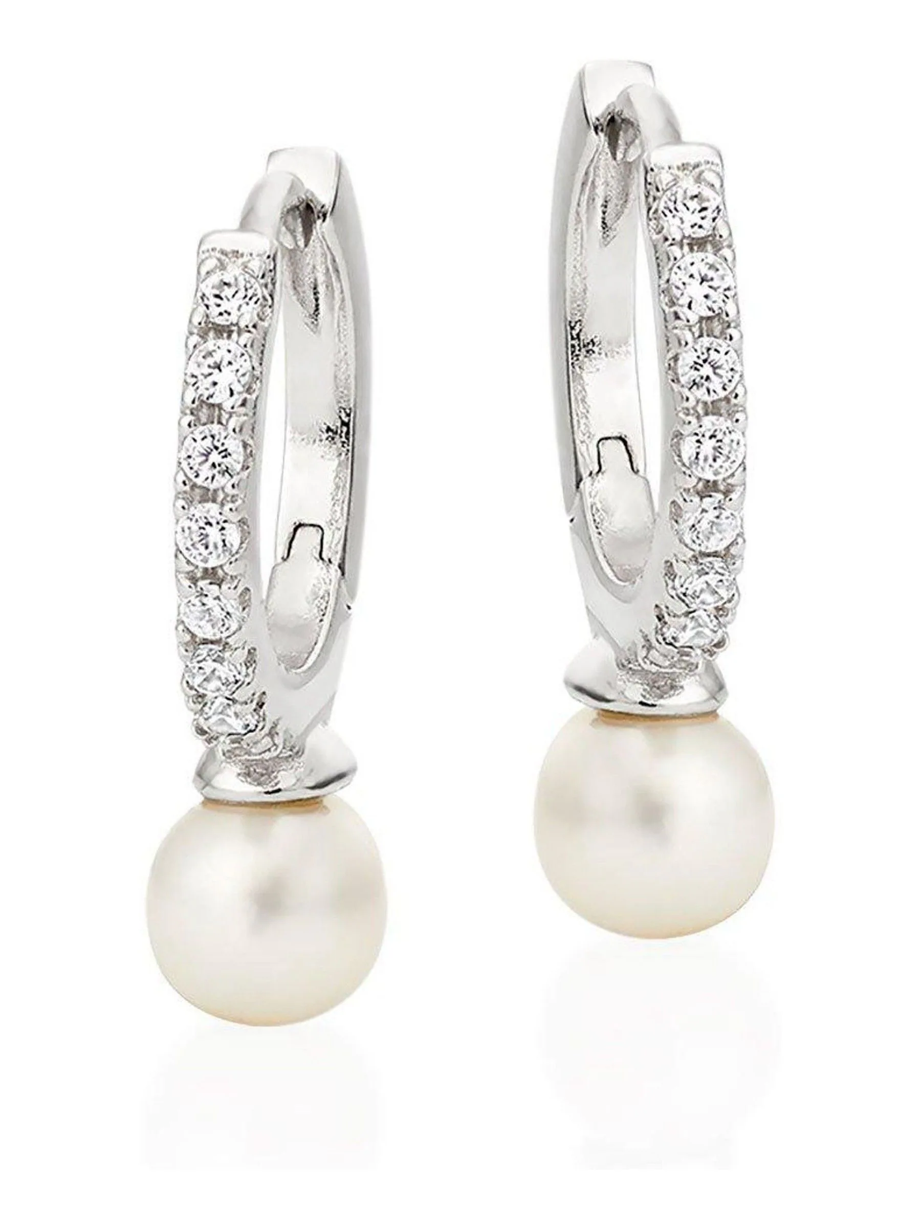 Beaverbrooks Sterling Silver Cubic Zirconia Freshwater Pearl Hoop Earrings