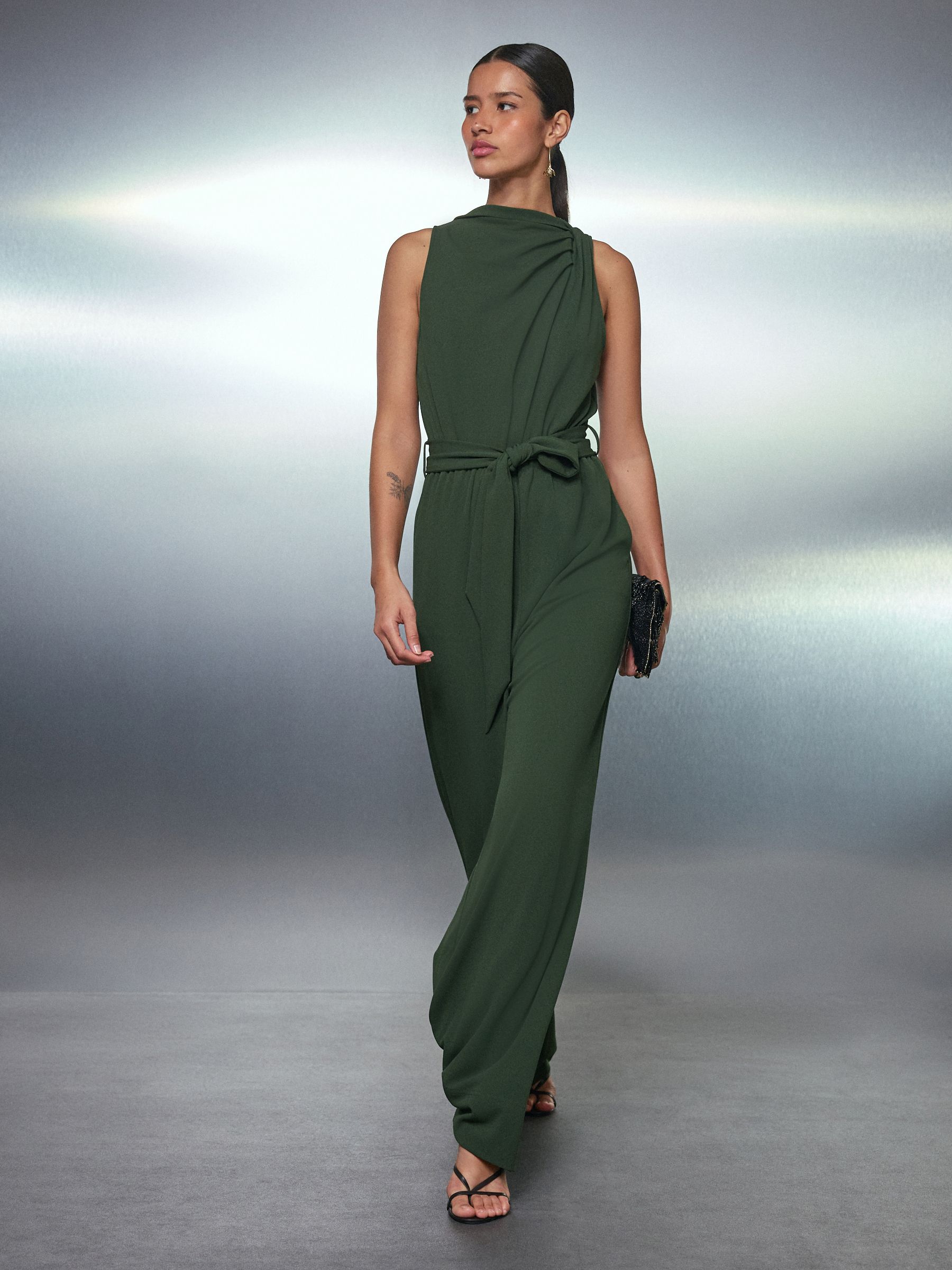 Green Occasion Cowl Neck Sleeveless Jersey Jumpsuit