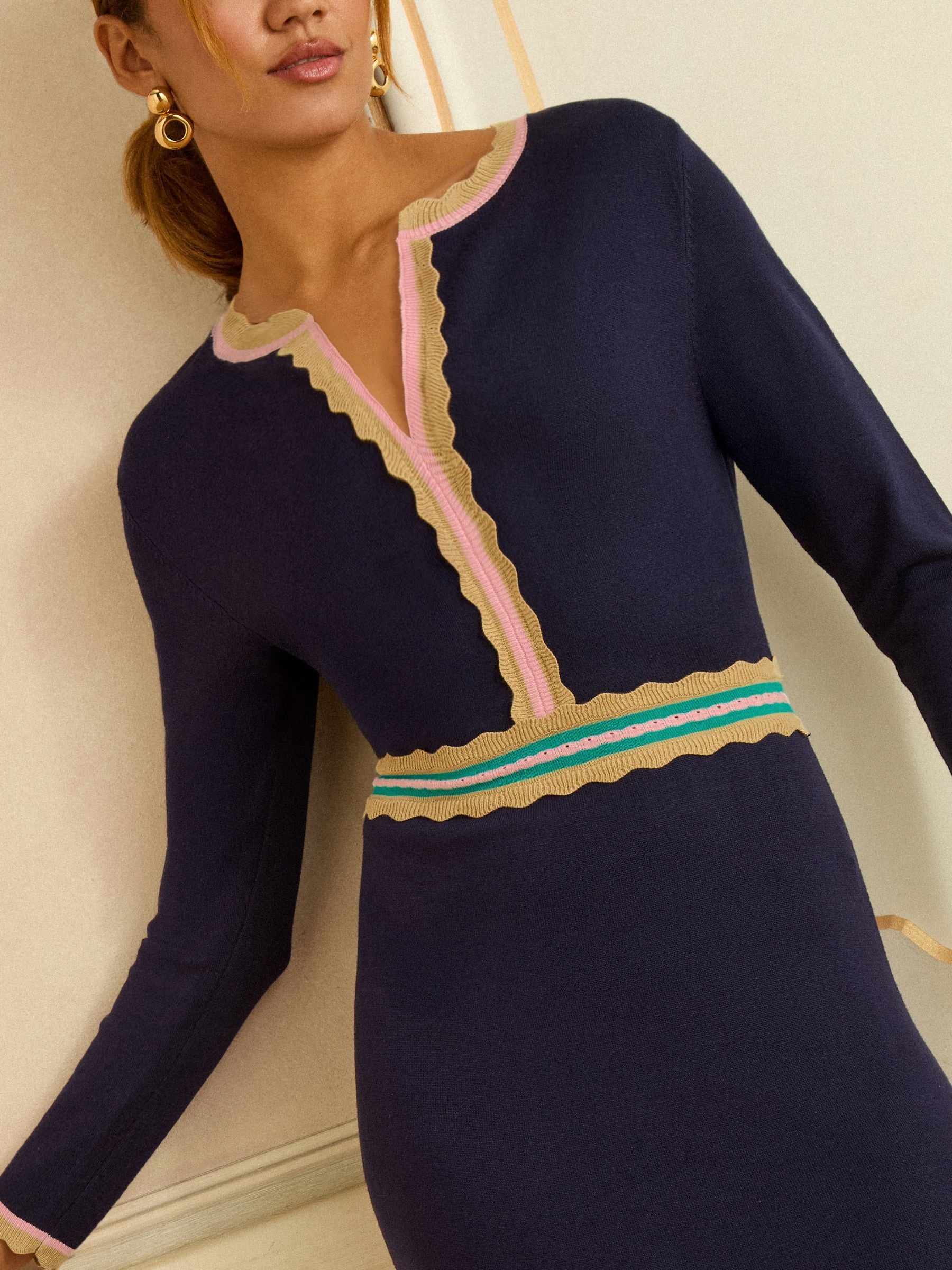 Love & Roses Navy Notch Neck Knitted Midi Dress