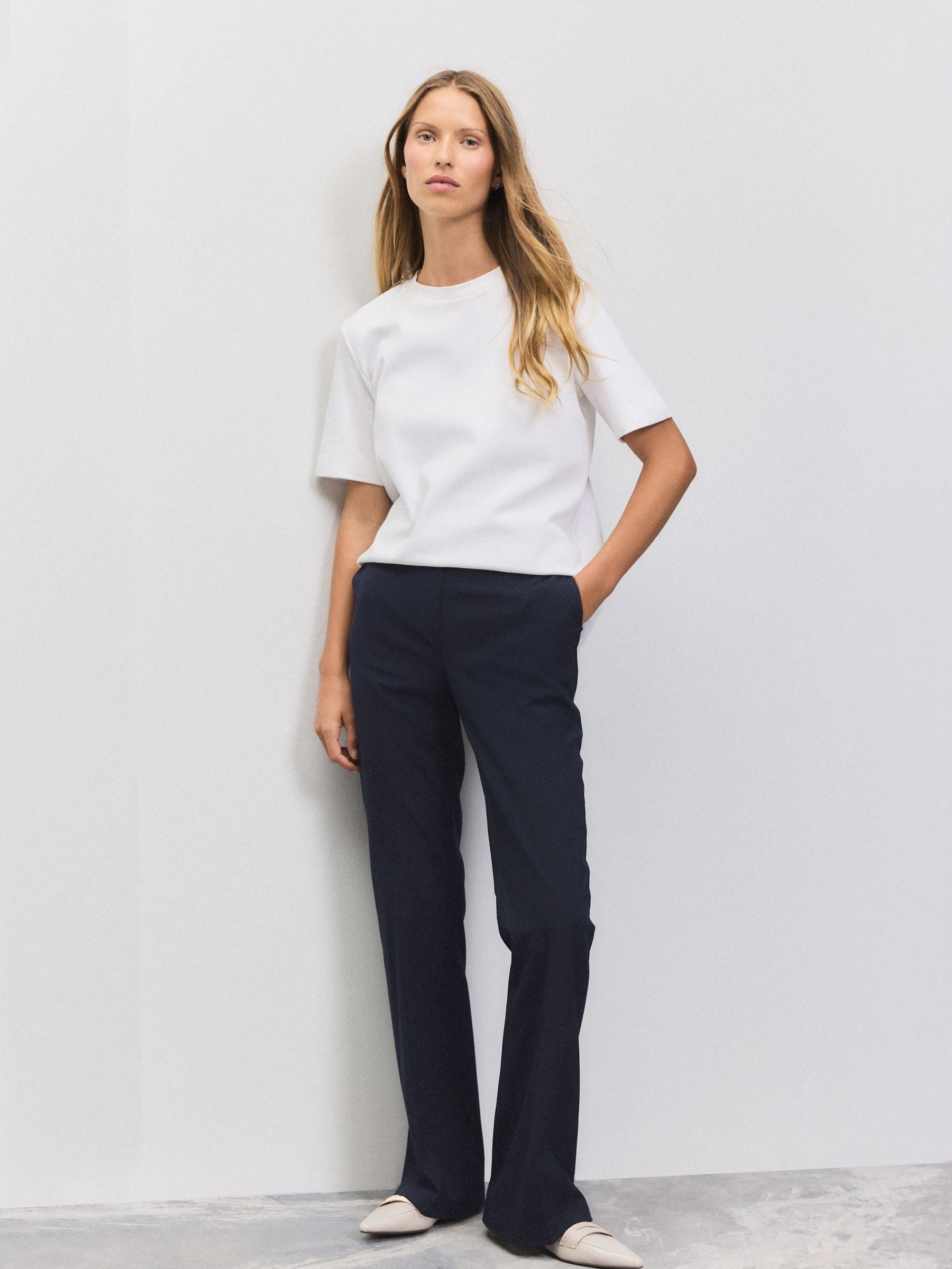 Navy Blue Tailored Bootcut Trousers With Wool