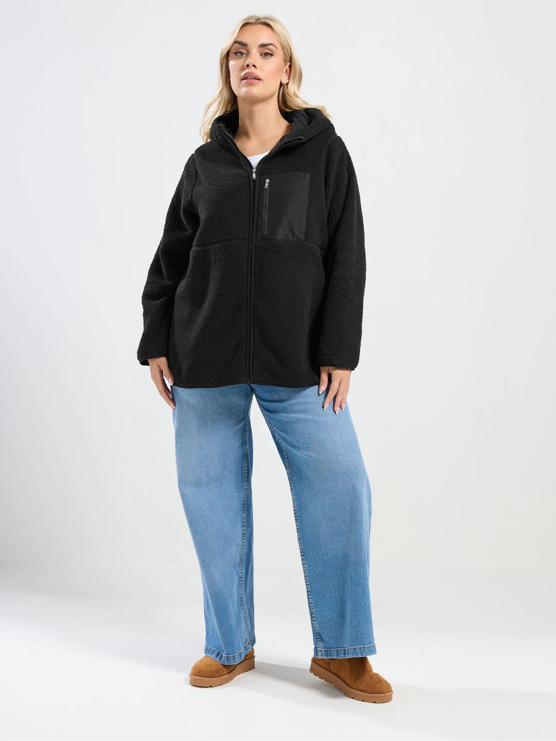 Yours Curve Black Hooded Nylon Pocket Fleece