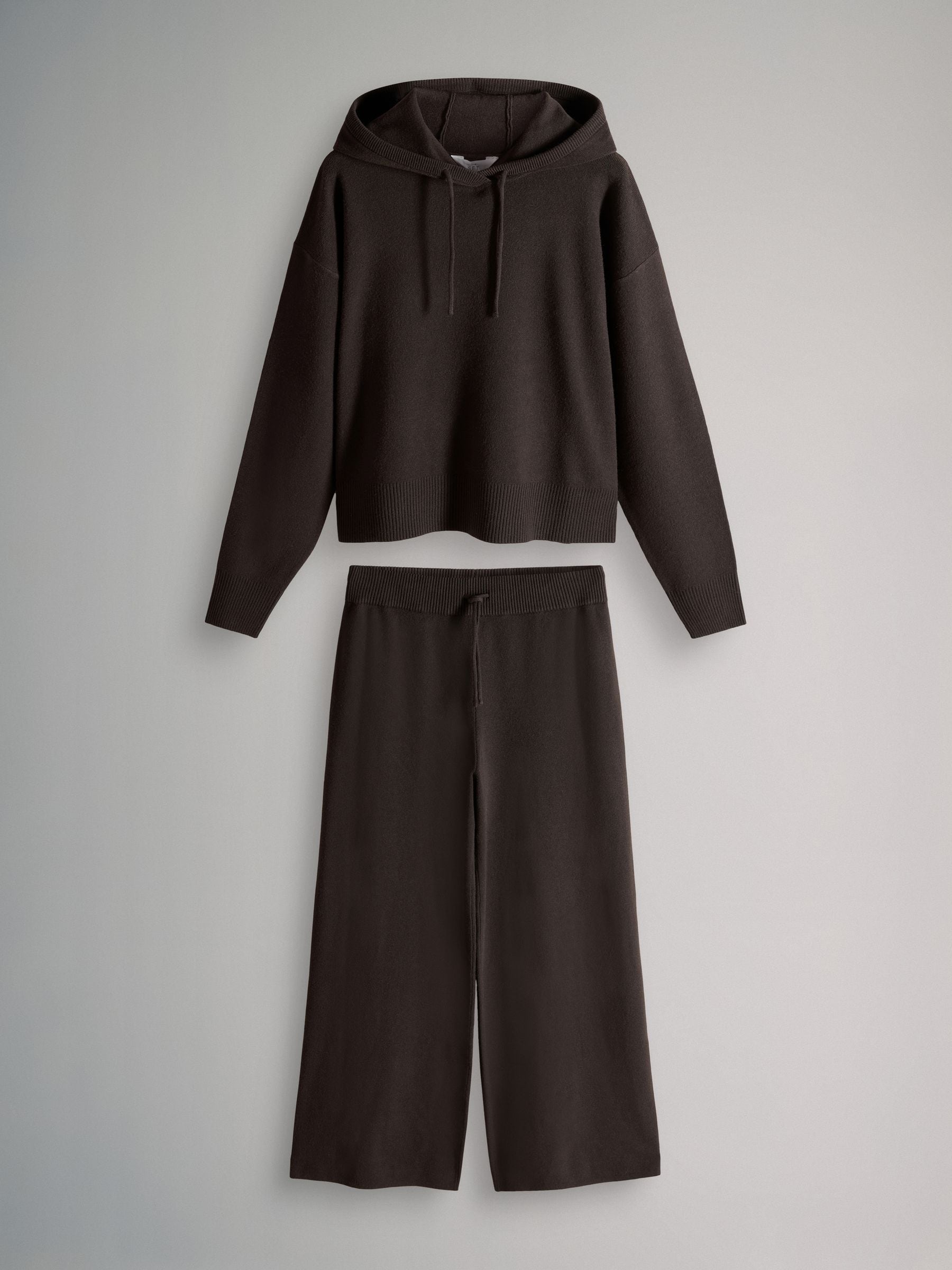 The Set Knitted Ribbed Hoodie and Wide Leg Trouser Co-ord Chocolate Brown