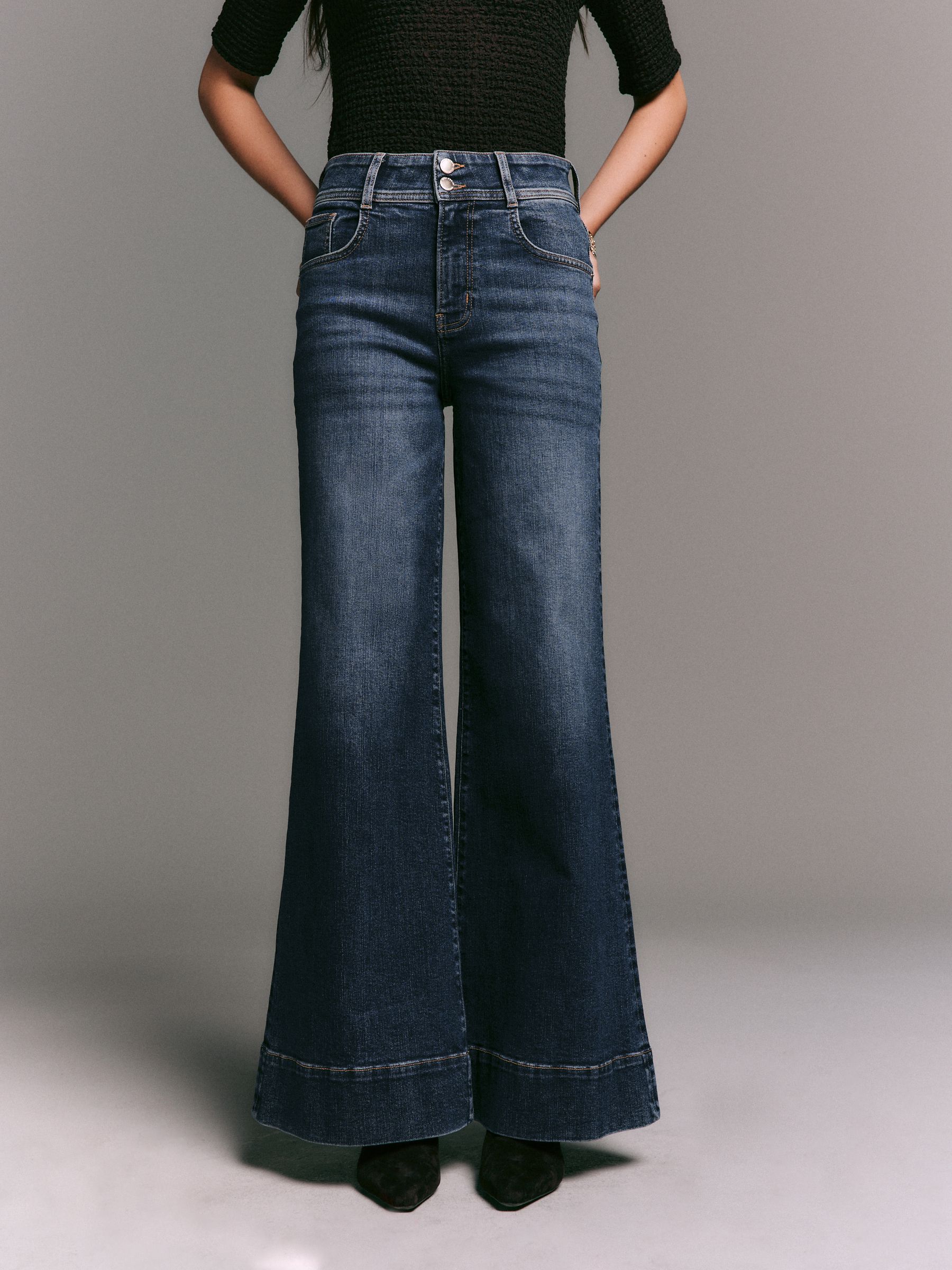 Dark Blue High Rise Stretch Wide Leg Jeans
