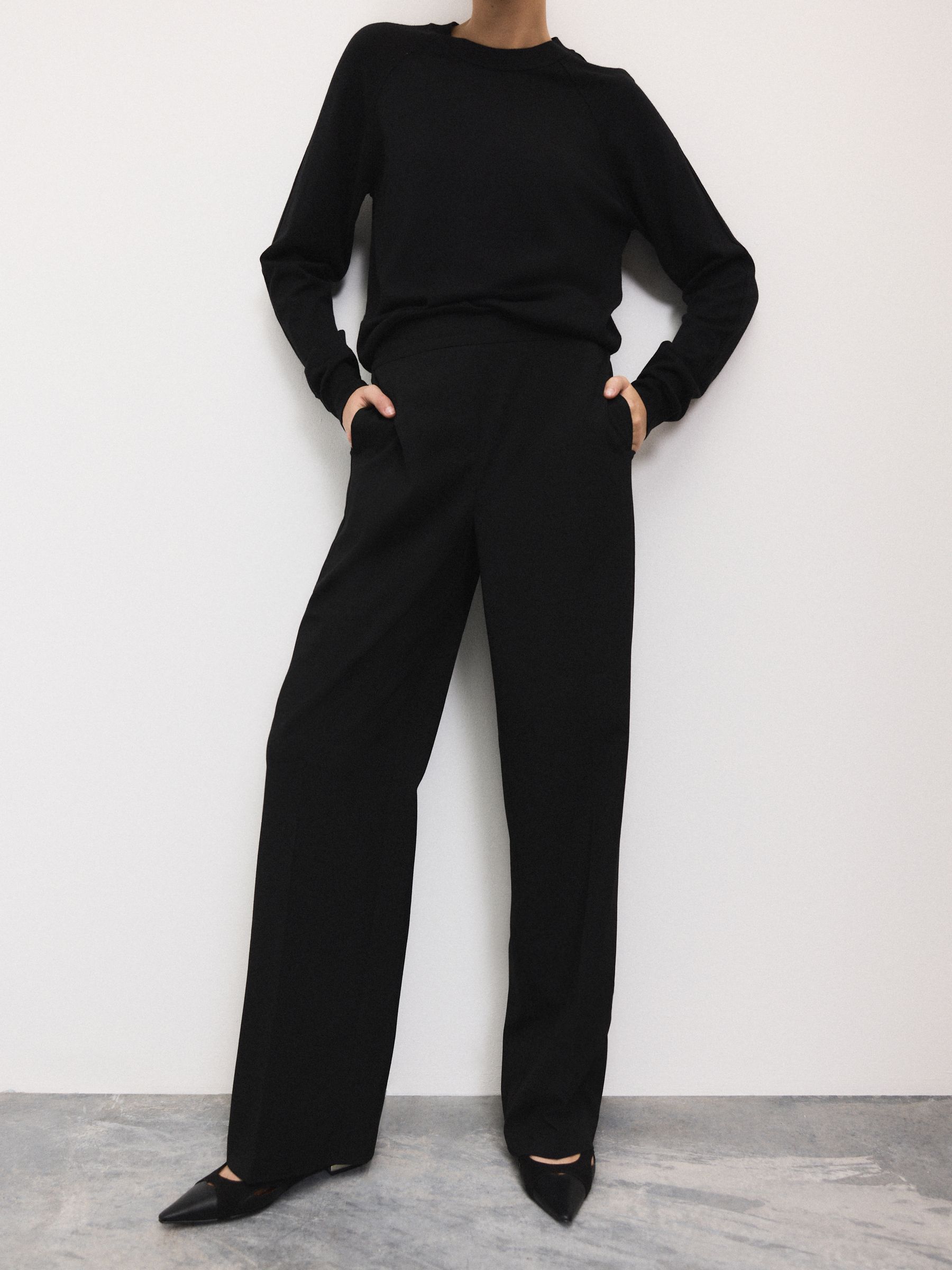 Black Tailored Wide Leg Trousers With Wool