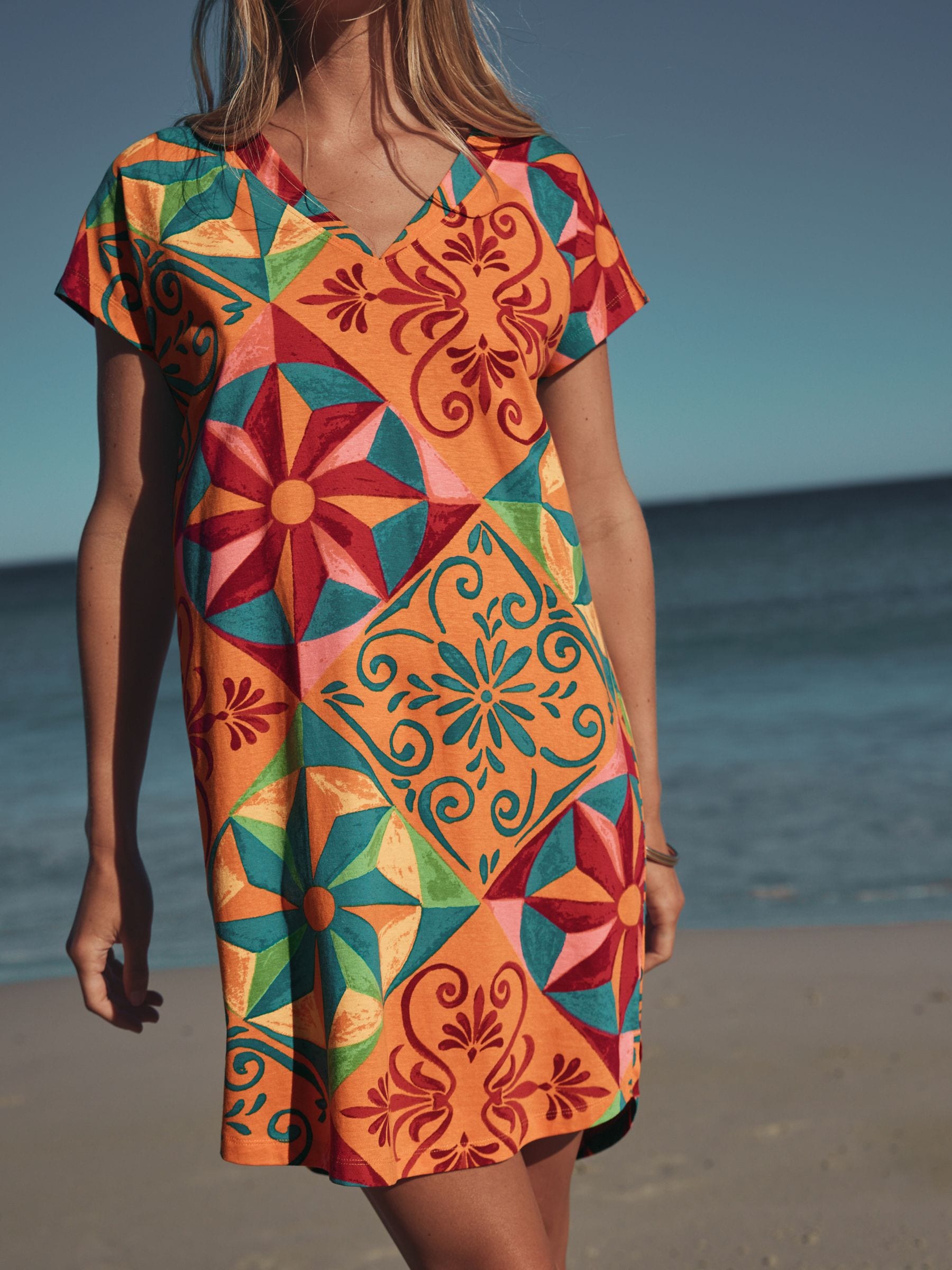 Orange Graphic Cap Sleeve V-Neck Mini Dress