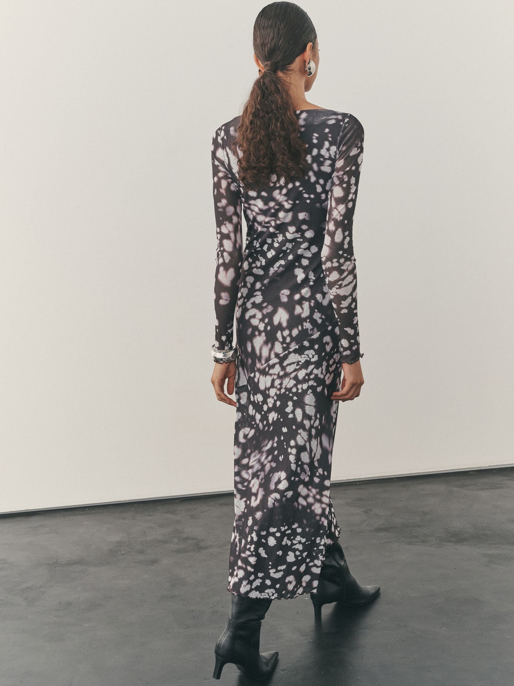 Nothing Ordinary Chocolate Brown Animal Print Print Mesh Slash Neck Long Sleeve Midi Dress