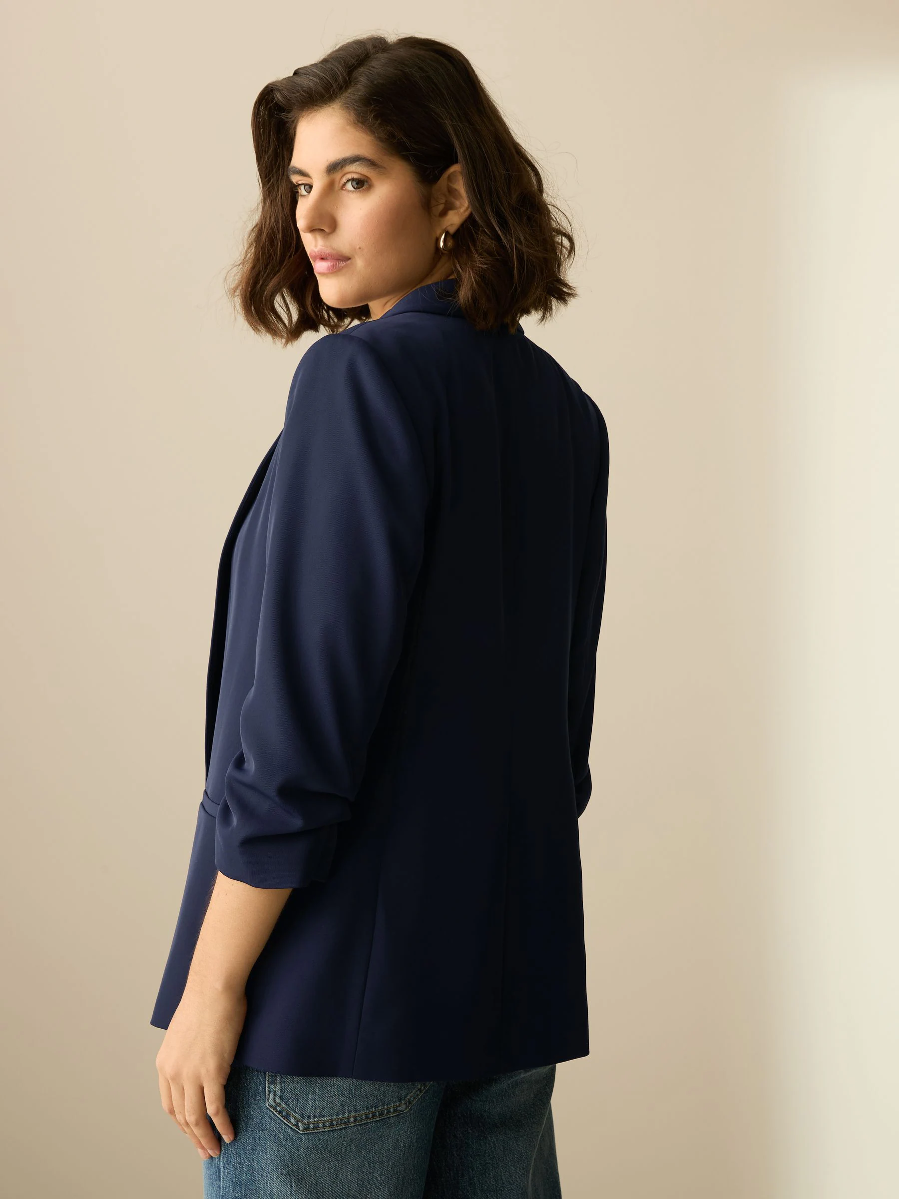 Navy Blue Relaxed Ruched Sleeve Blazer