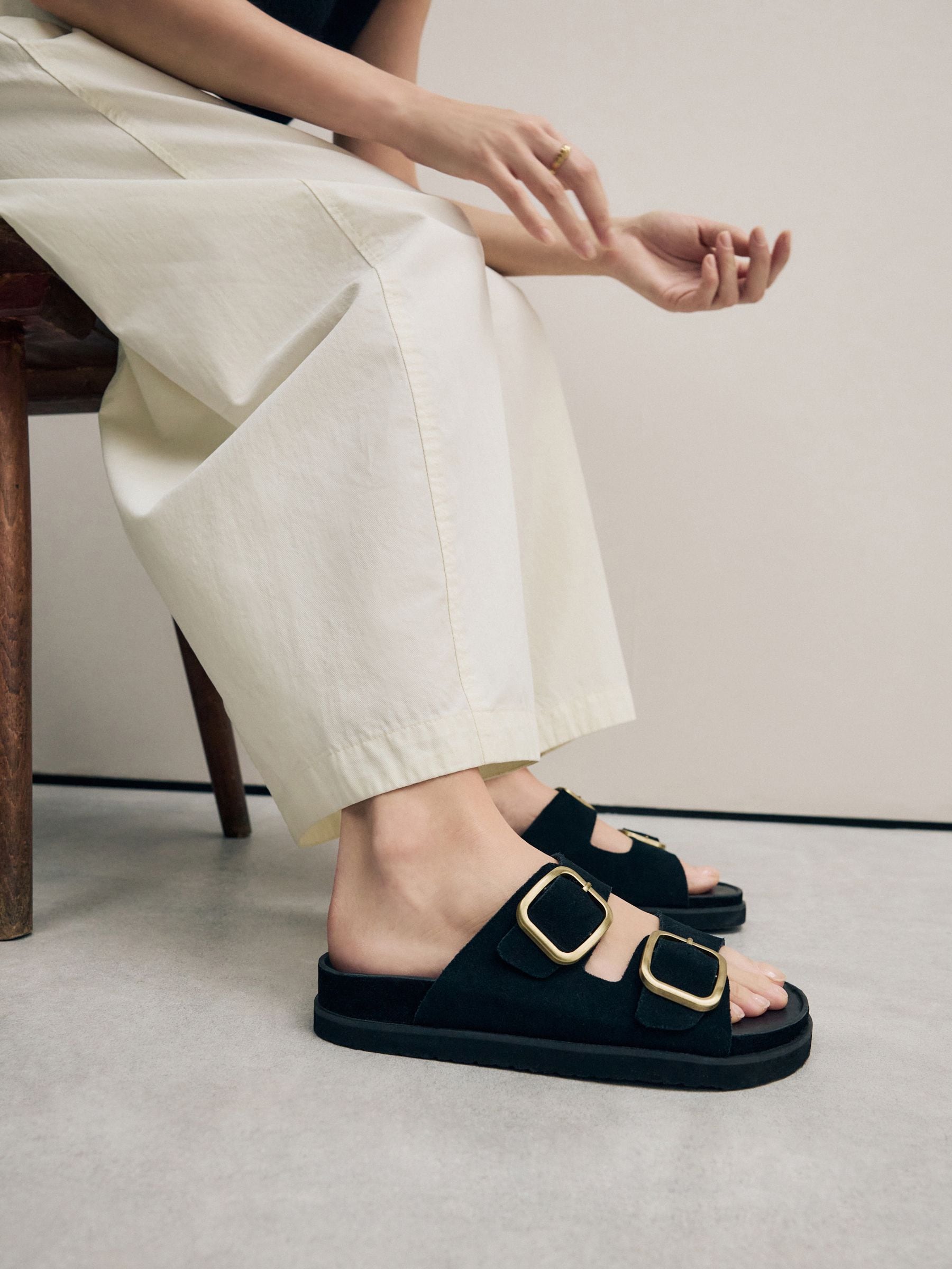 Black Suede Forever Comfort® Double Strap Footbed Sandals