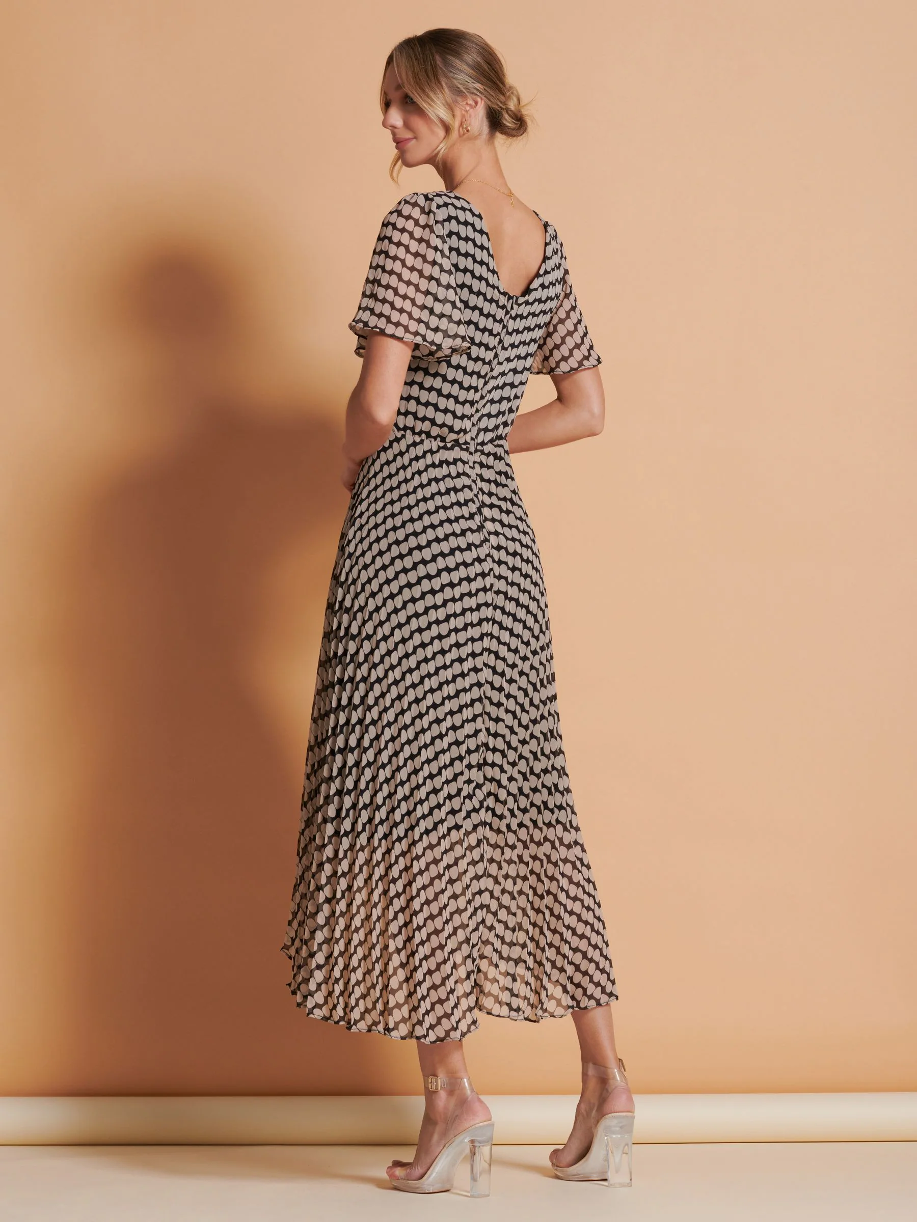 Jolie Moi Brown Spot Angel Sleeve Pleated Chiffon Maxi Dress