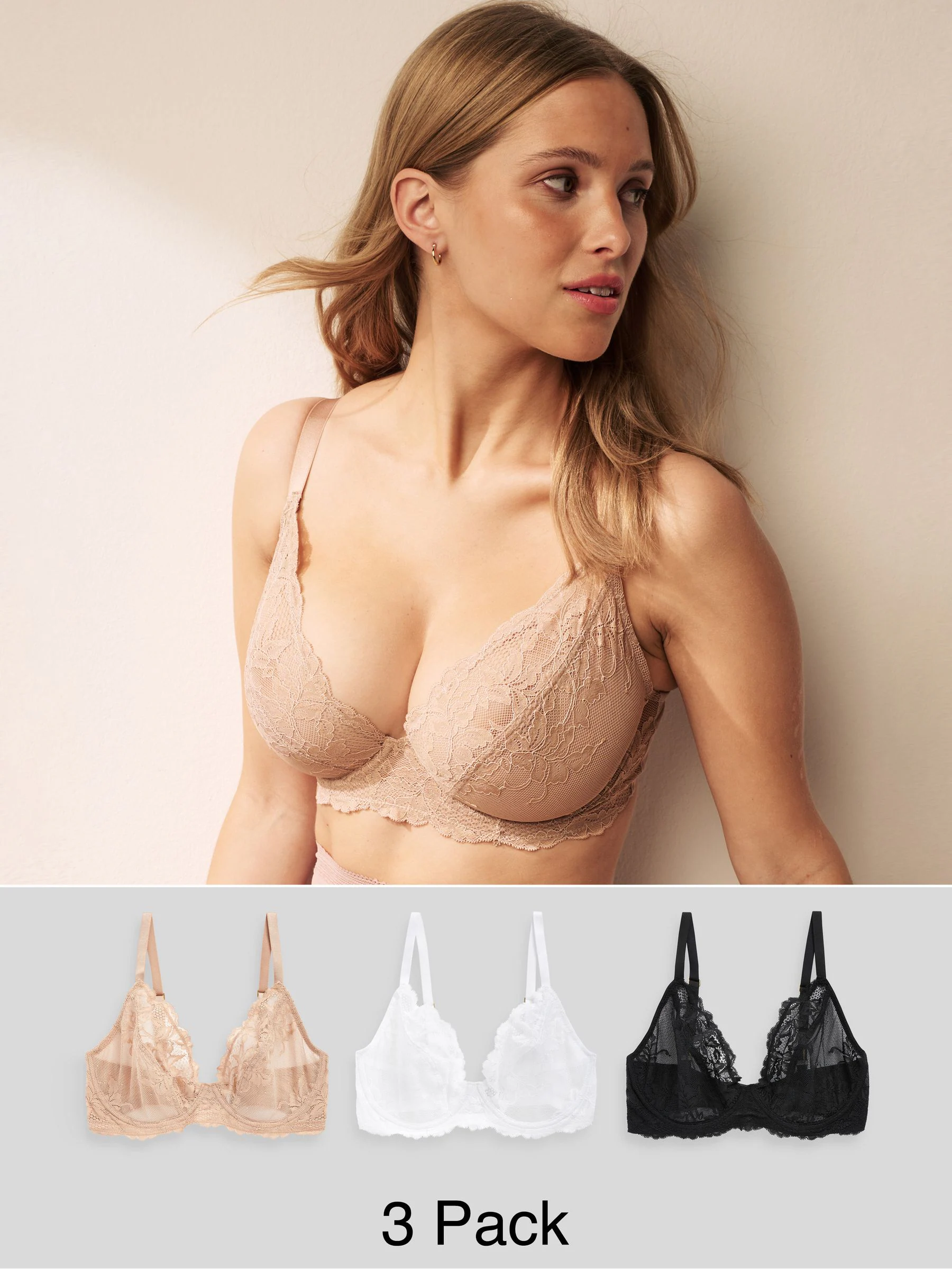 Black/White/Praline Nude Non Pad Plunge DD+ Lace Bras 3 Pack