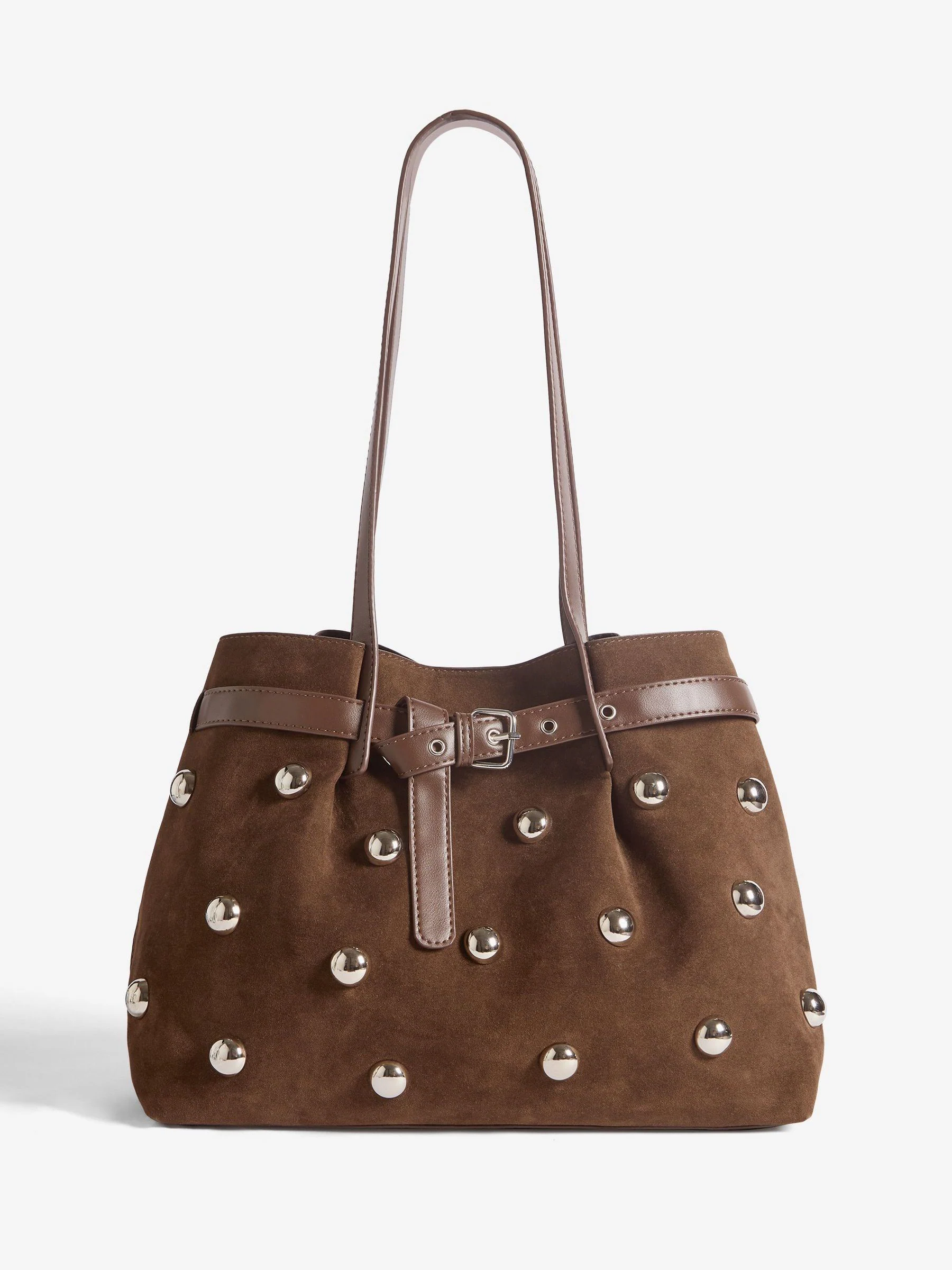 Friends Like These Chocolate Brown Faux Suede Studded Tote Bag