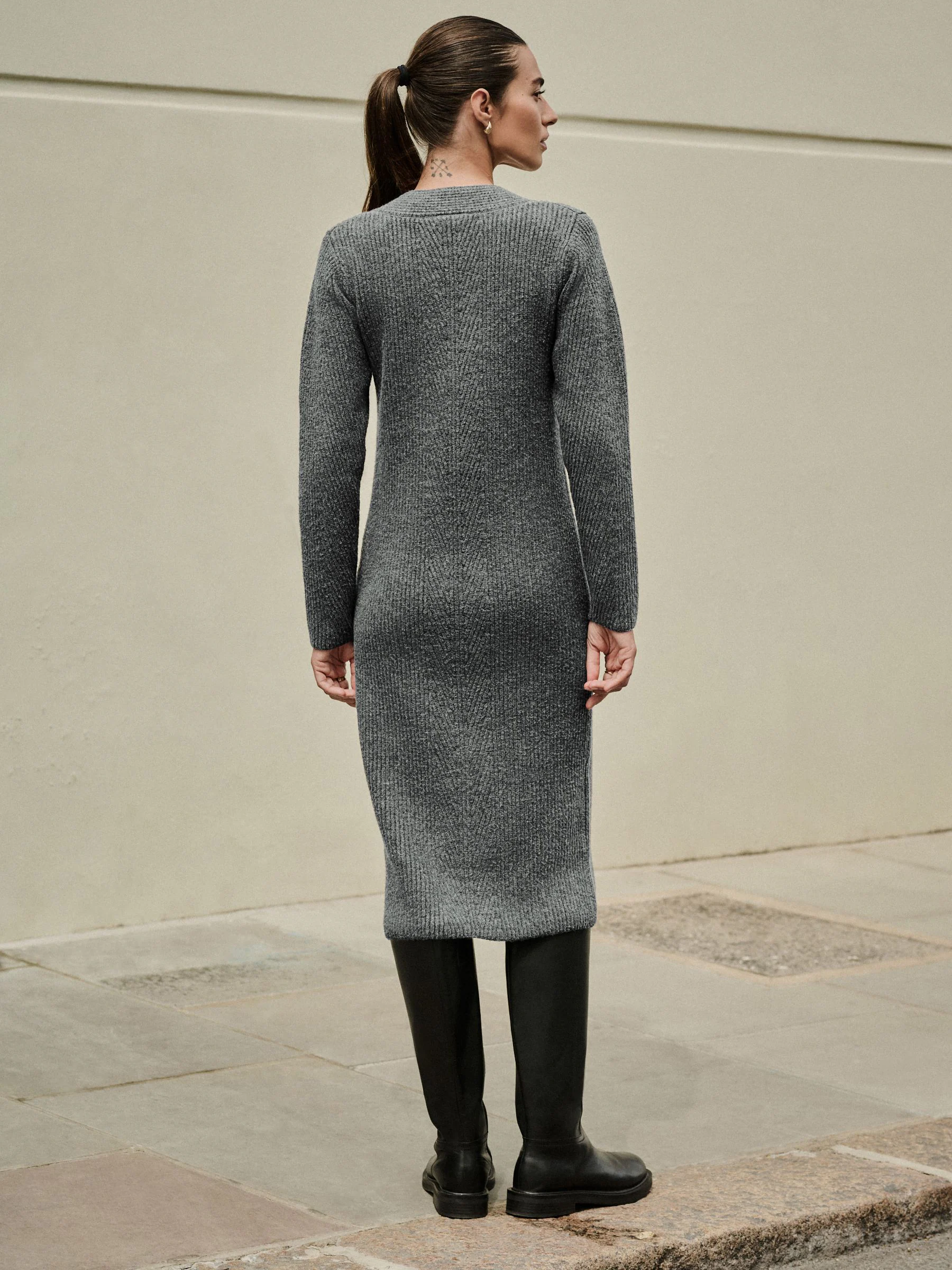 Charcoal Grey Super Soft V-Neck Midi Dress With Wool