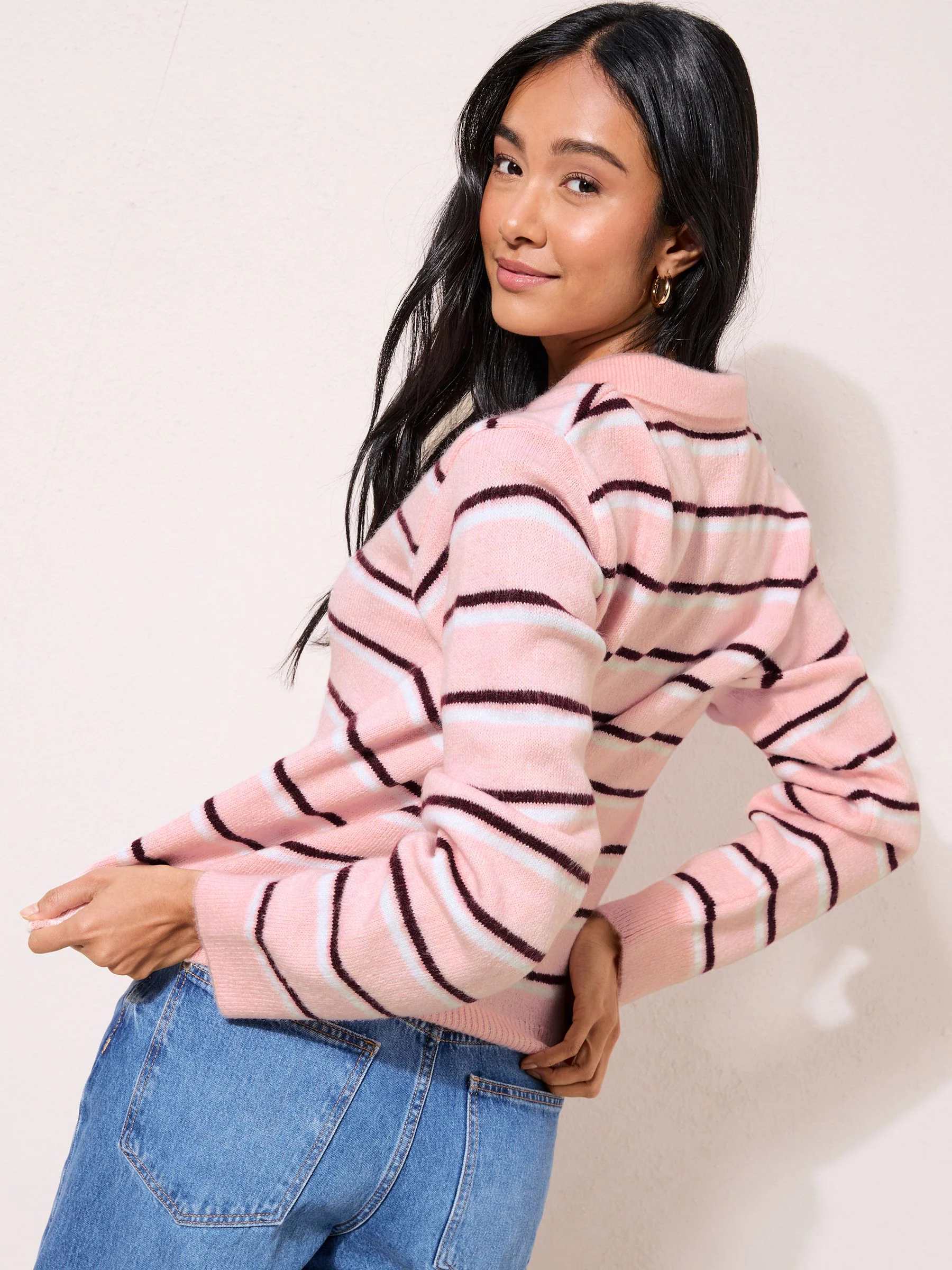 Friends Like These Pink Stripe Knitted Polo Collar Top