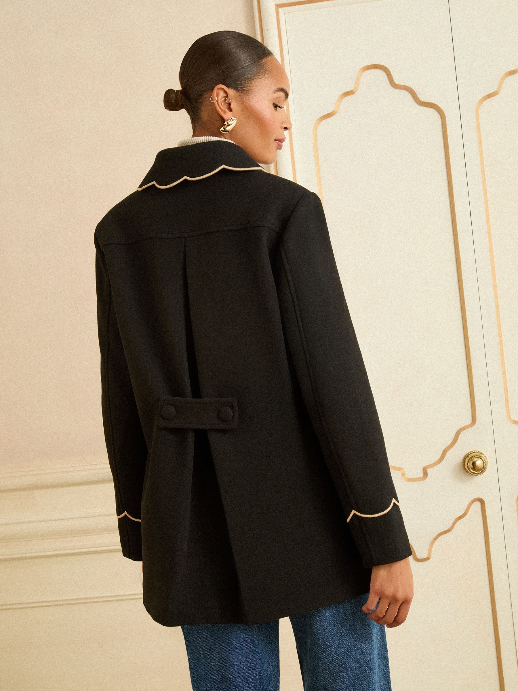 Love & Roses Black Mid Length Scallop Trim Dolly Coat