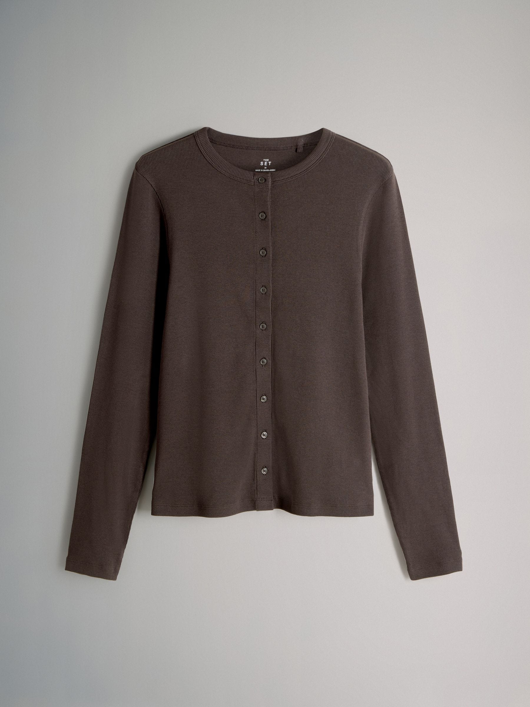 The Set 3 Pack Long Sleeve Button Through Rib T-Shirt Black/Chocolate Brown/Berry